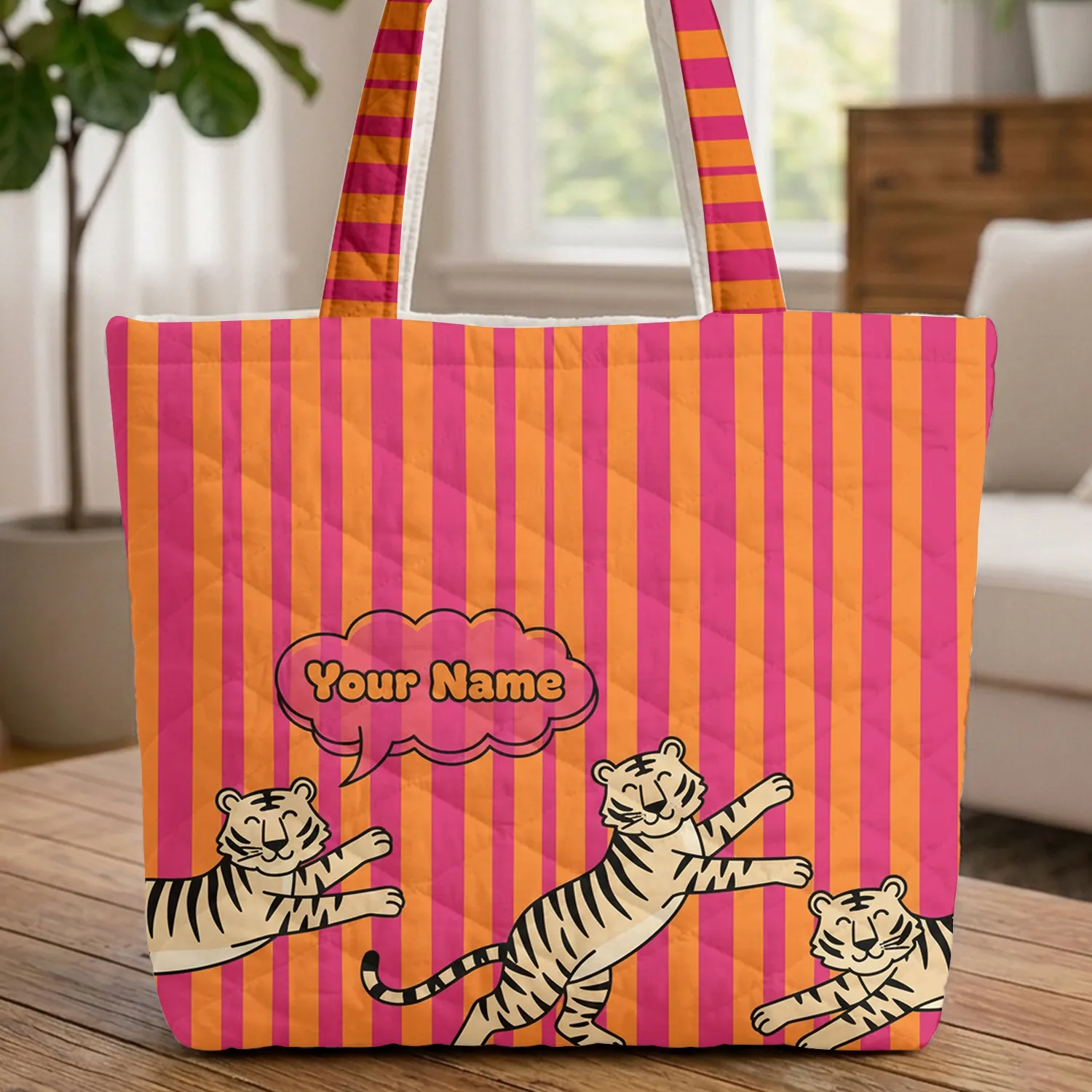 Tigers Orange Fuchsia Stripes Your Name - Wild Animal Lover Gift Quilted Tote Bag - 1