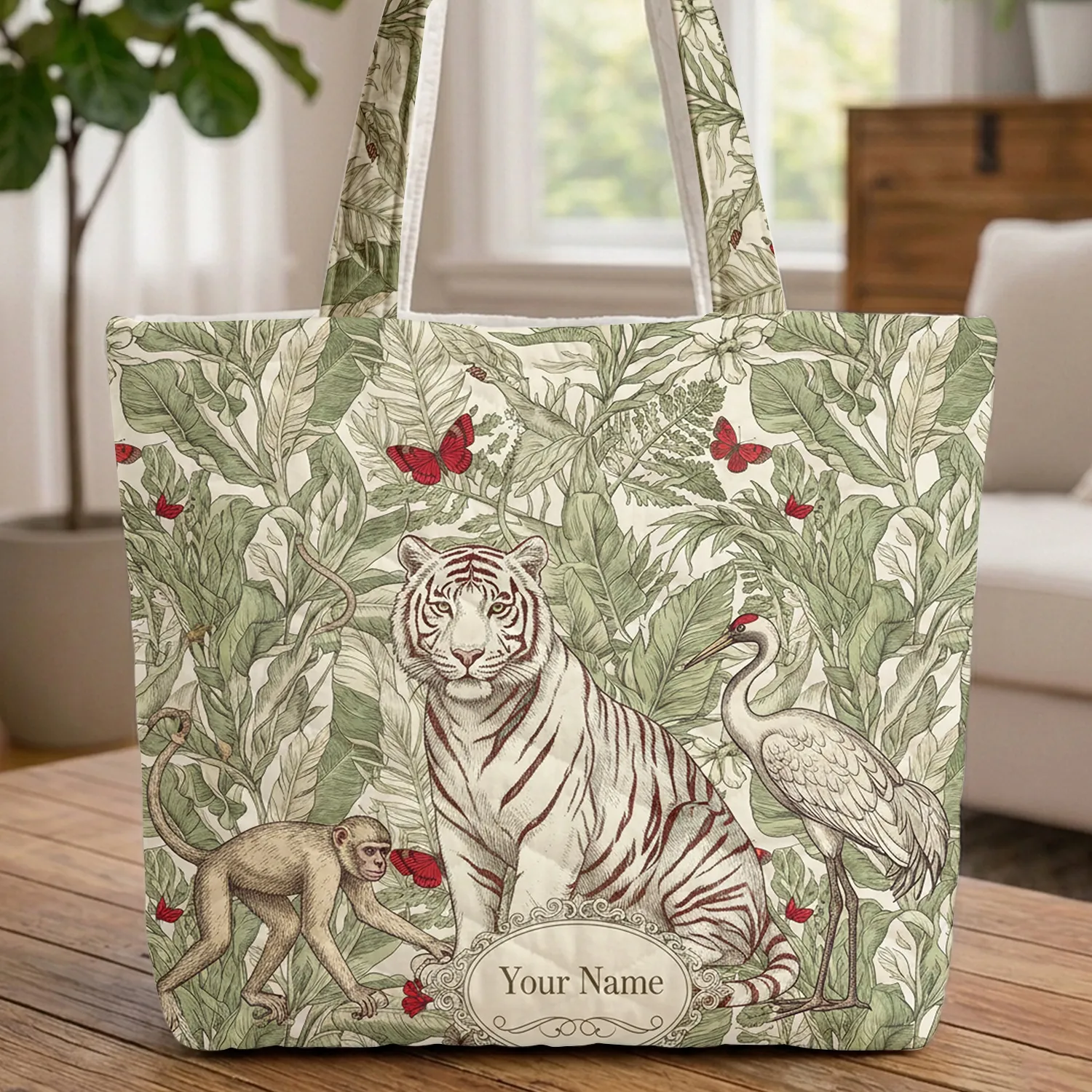 Personalized Medallion Tiger Monkey Crane Tropical Foliage - Everyday Tote Quilted Tote Bag - 1