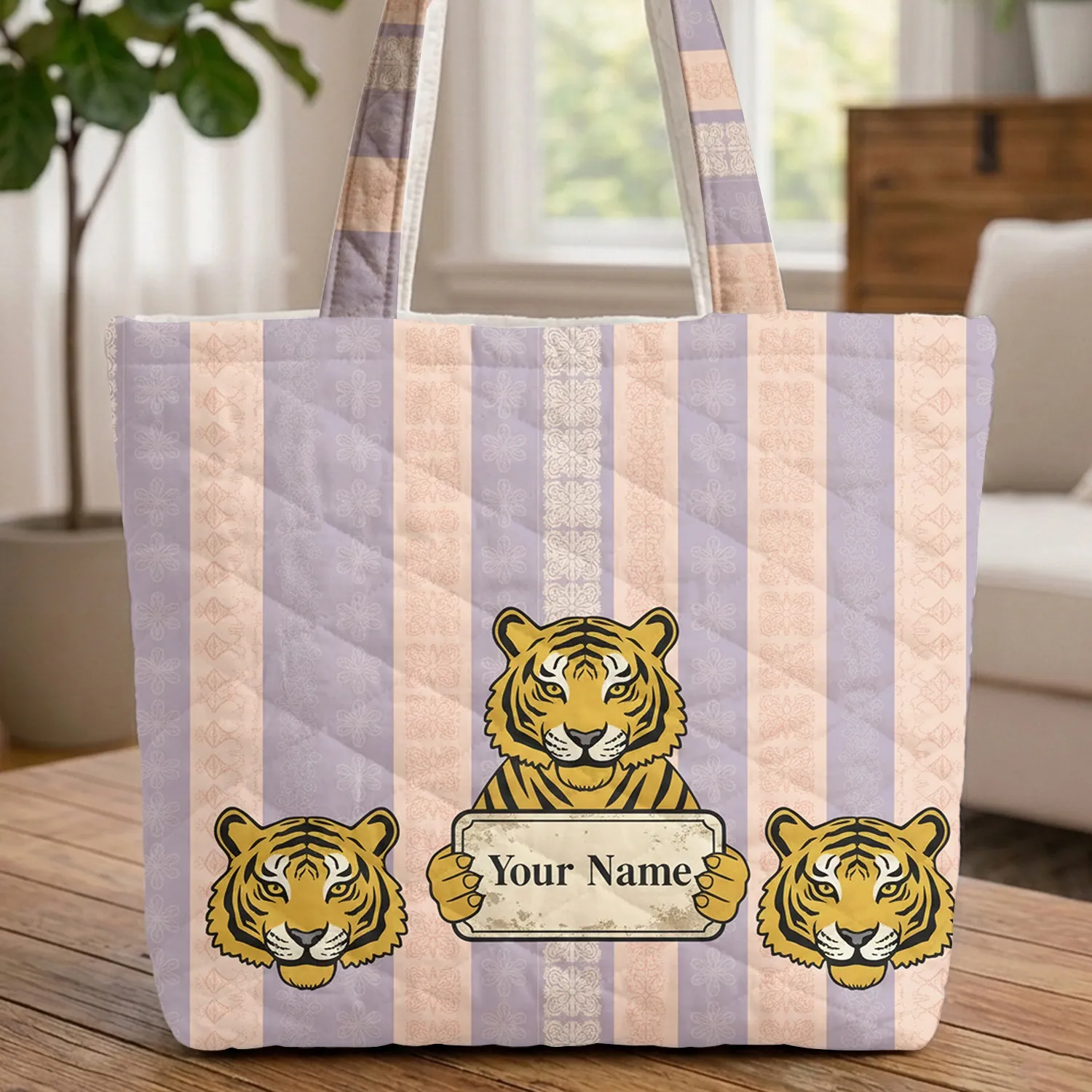 Three Tiger Heads Distressed Enamel Plaque Vertical Stripes - Wildlife Lover Gift Quilted Tote Bag - 1