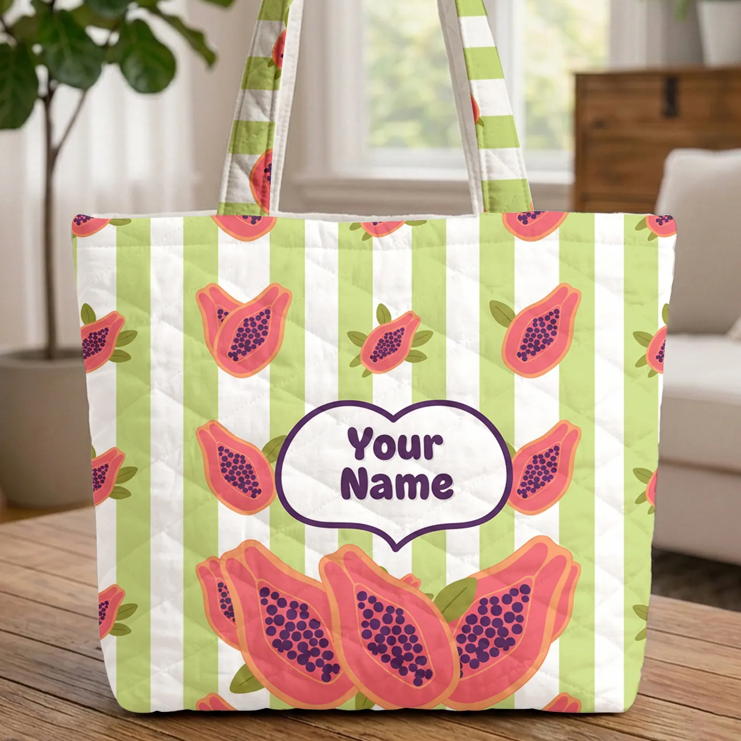 Fruity Papaya Halves Heart Vertical Stripes Everyday Tote Gift Quilted Tote Bag - 1