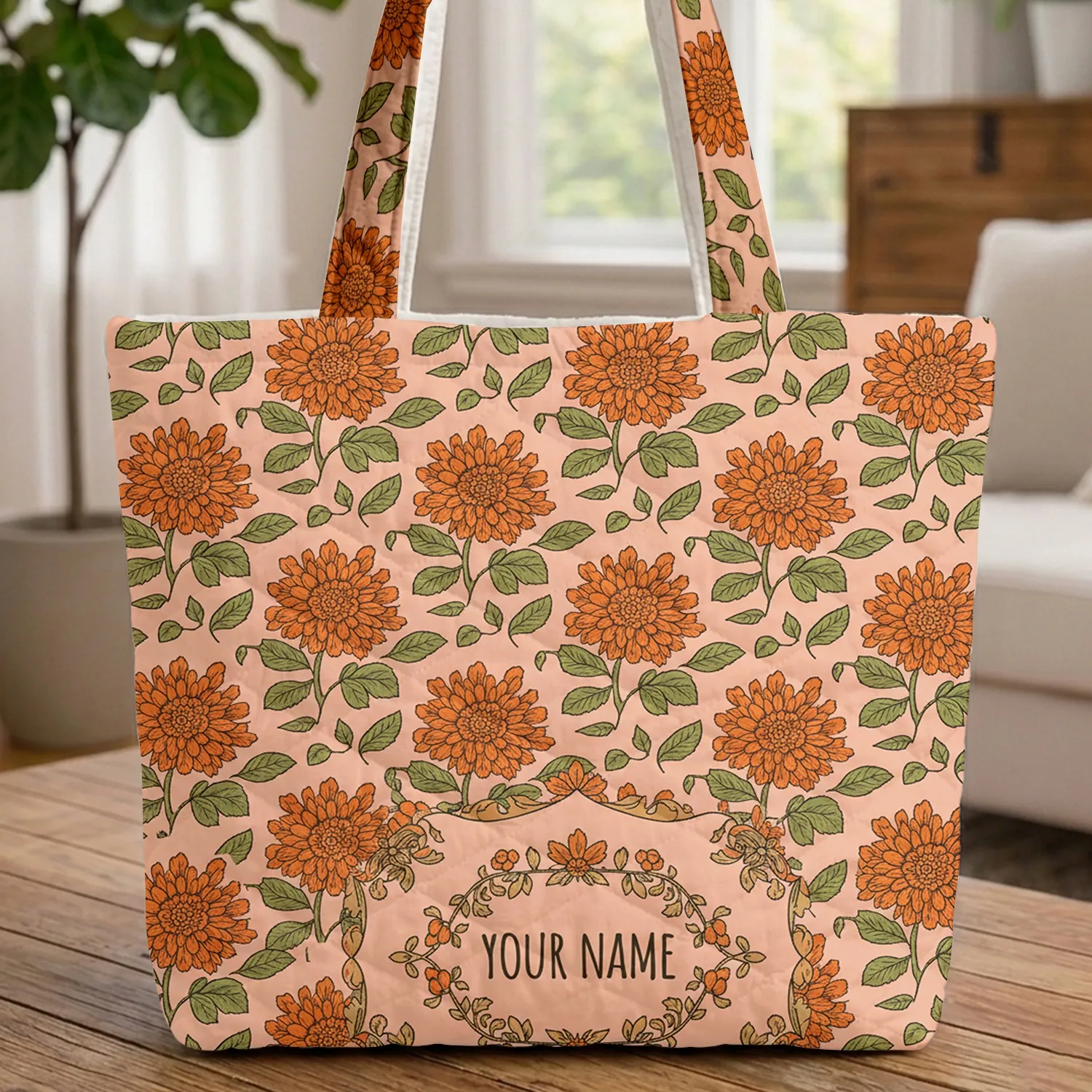Orange Chrysanthemum Flowers Olive Leaves Floral Medallion Wreath Everyday Tote Quilted Tote Bag - 1