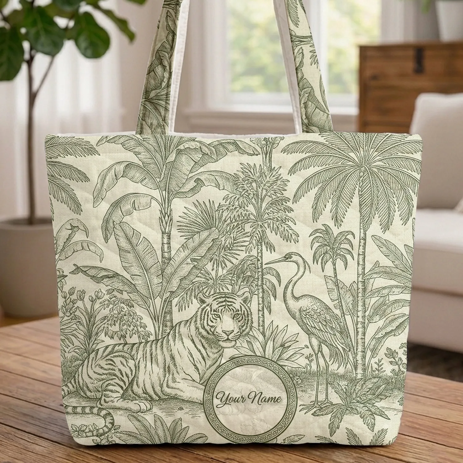 Tiger Crane Tropical Foliage Personalized - Wildlife Lover Gift Quilted Tote Bag - 1
