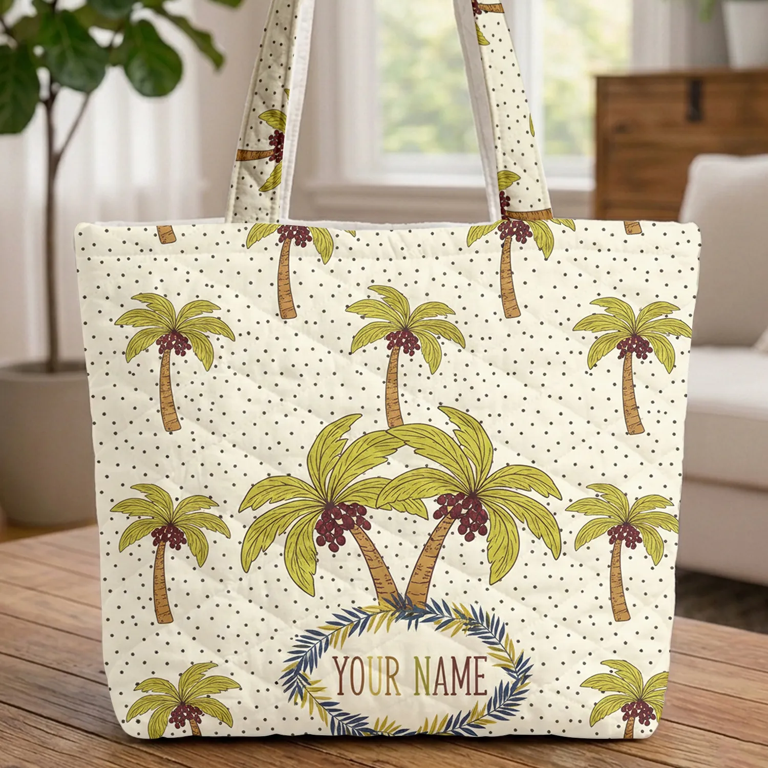 Palm Tree Garland Tropical Polka Dot - Everyday Tote Travel Gift Quilted Tote Bag - 1