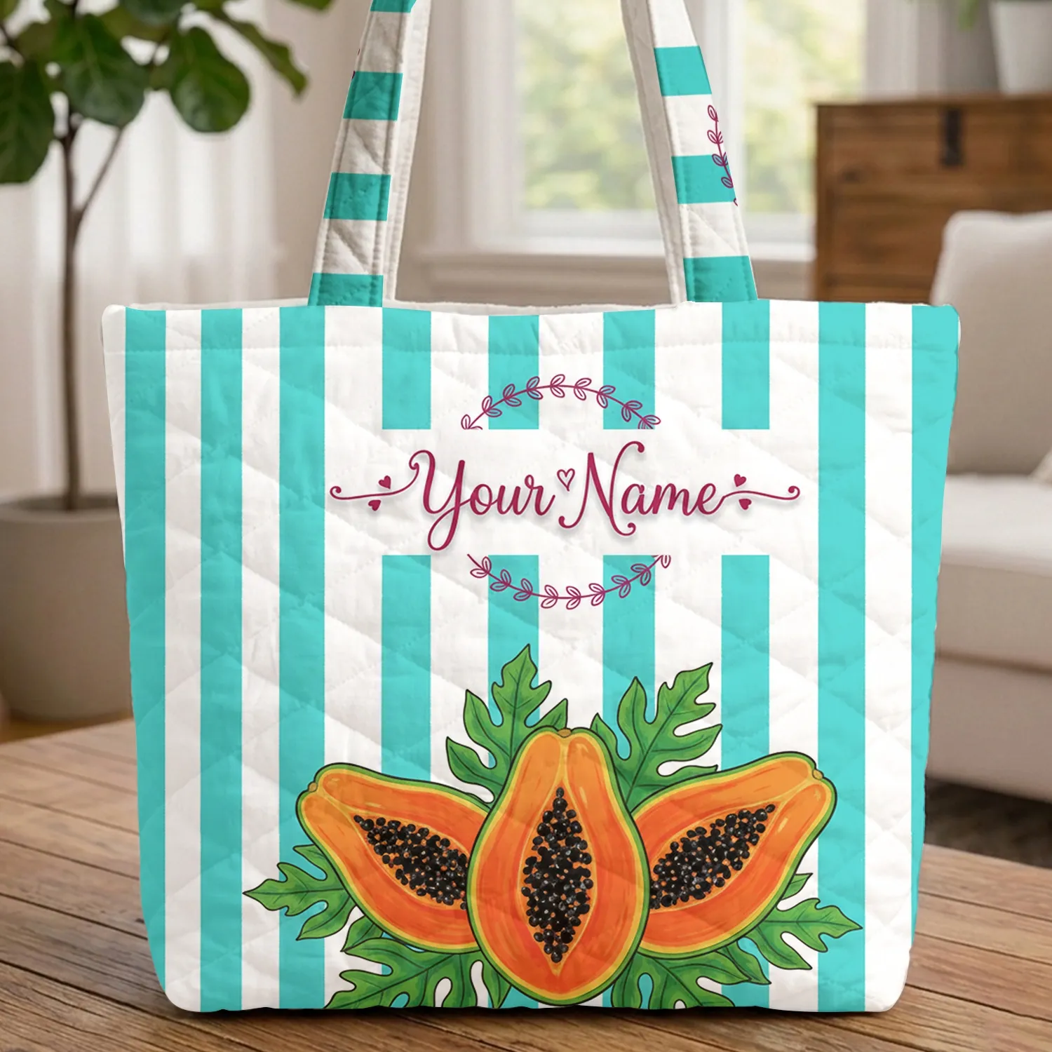 Papaya Slices Leaf Garland Your Name - Tropical Everyday Tote Gift Quilted Tote Bag - 1