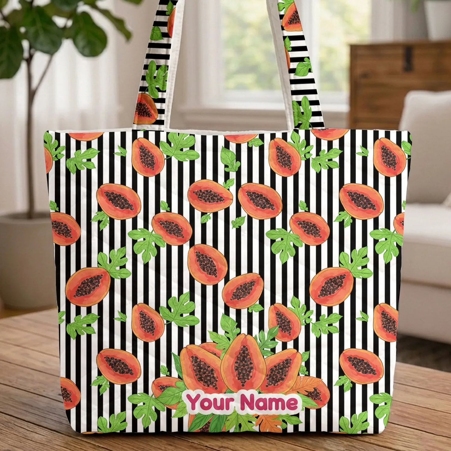 Personalized Papaya Leaves Tropical Name - Travel Essentials Quilted Tote Bag - 1