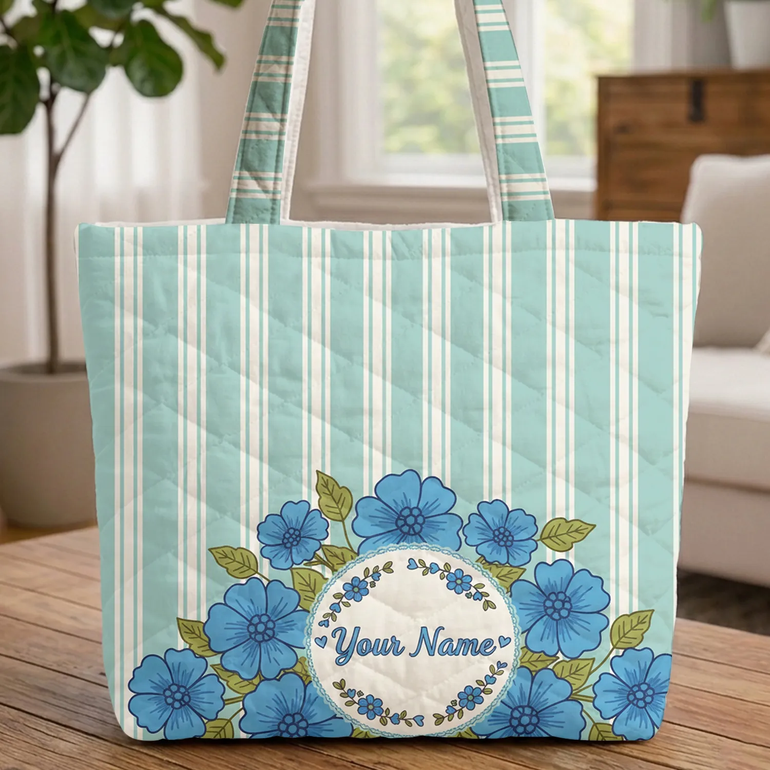 Personalized Folk Art Floral Wreath Vertical Stripes - Everyday Lifestyle Gift Quilted Tote Bag - 1