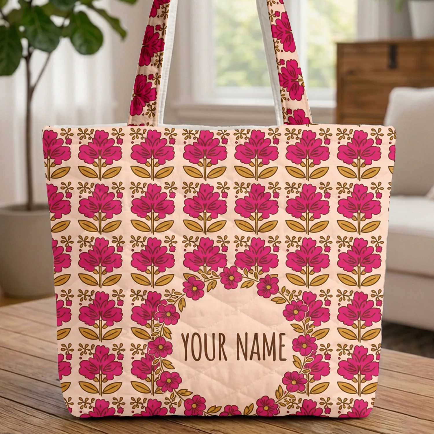 Personalized Fuchsia Floral Wreath with Floral Clusters - Meaningful Gift Quilted Tote Bag - 1