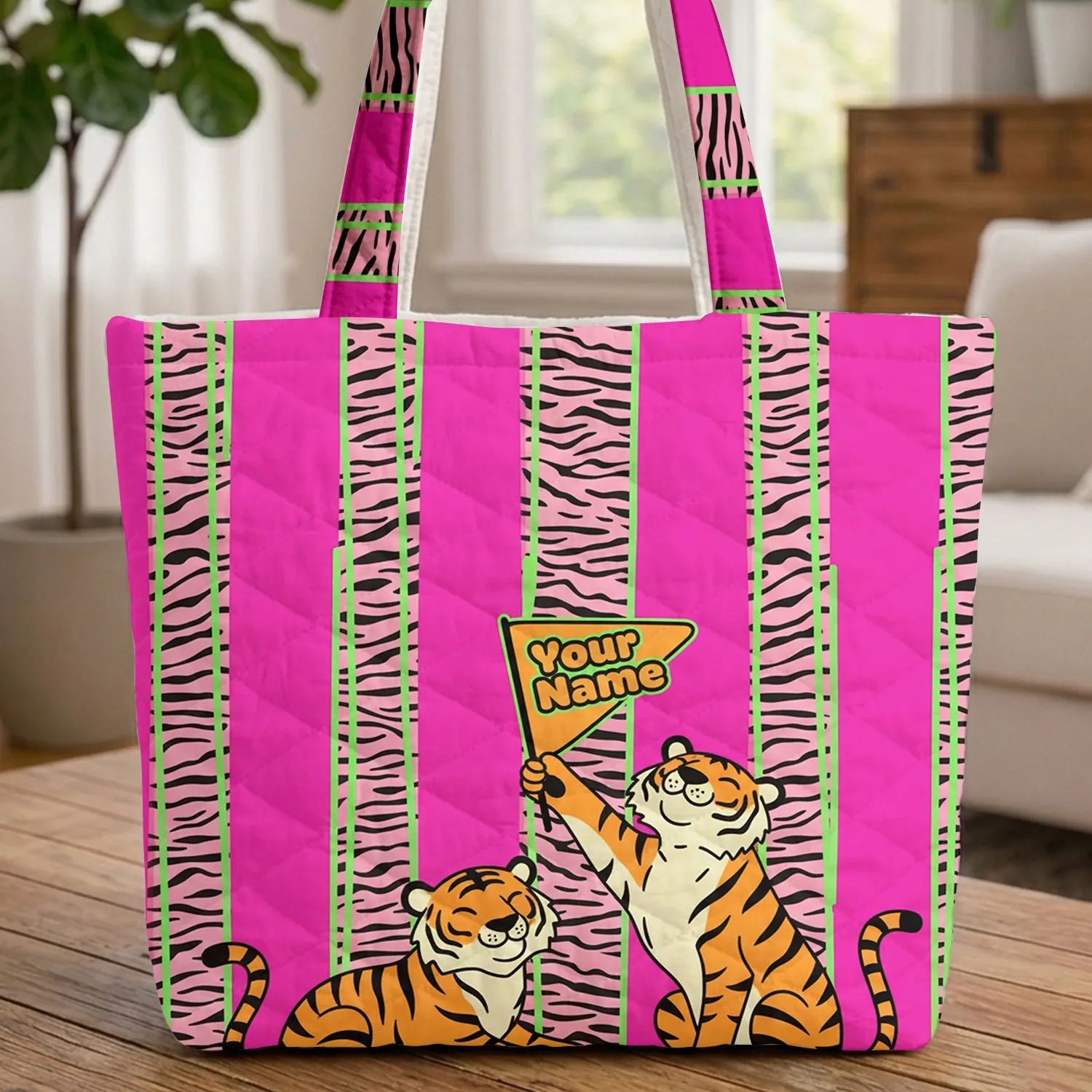 Tiger Duo Name Flag Bold Stripes - Wildlife Lover Everyday Tote Gift Quilted Tote Bag - 1