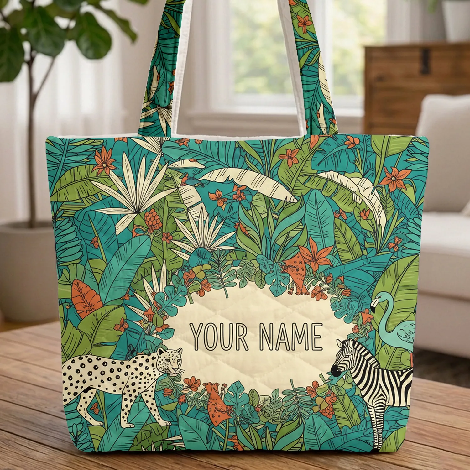 Leopard Flamingo Zebra Tropical Foliage Personalized - Wildlife Lover Gift Quilted Tote Bag - 1