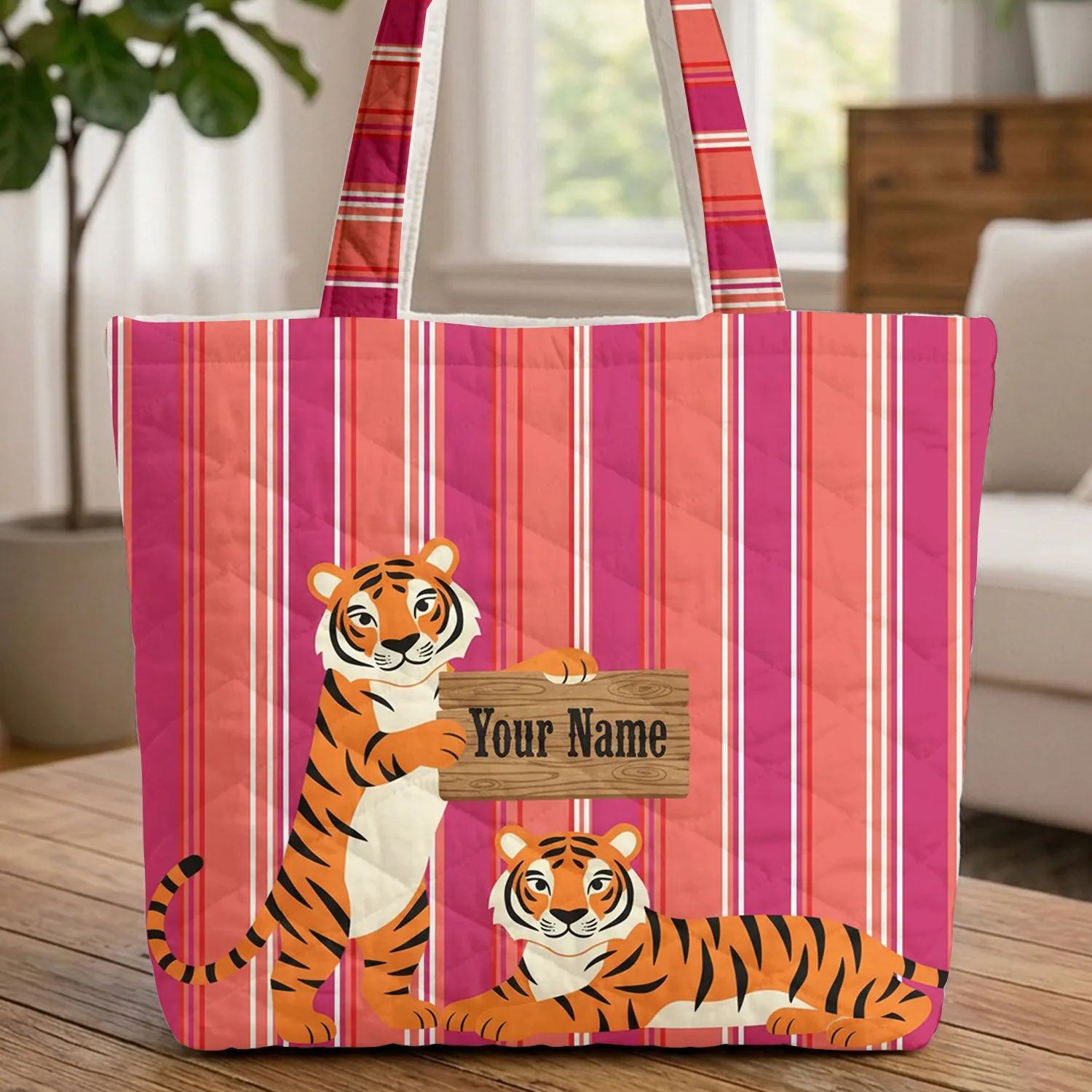 Bold Orange Black Striped Tigers Personalized Name Sign - Everyday Wildlife Lover Gift Quilted Tote Bag - 1