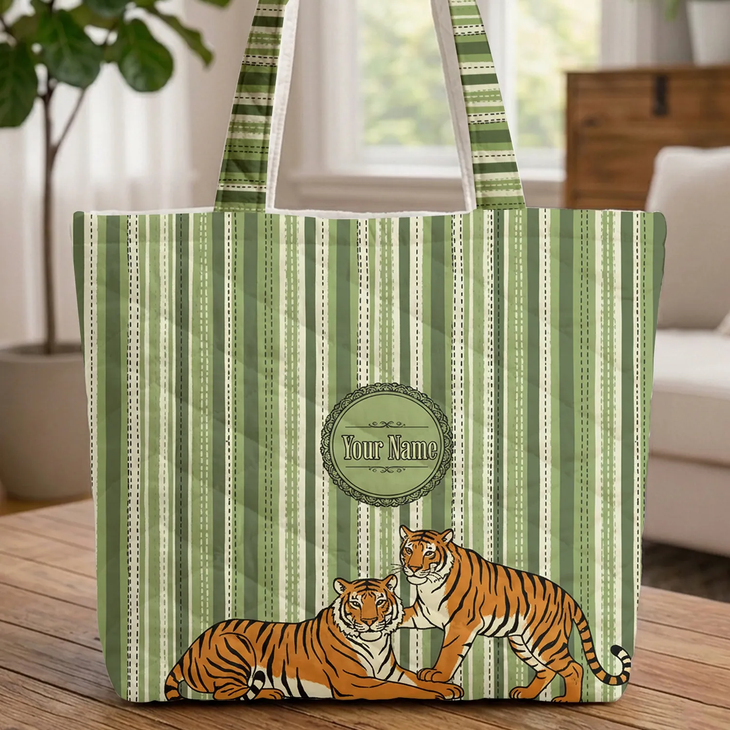 Tigers Lounging Climbing Vertical Stripes - Everyday Tote Wildlife Gift Quilted Tote Bag - 1