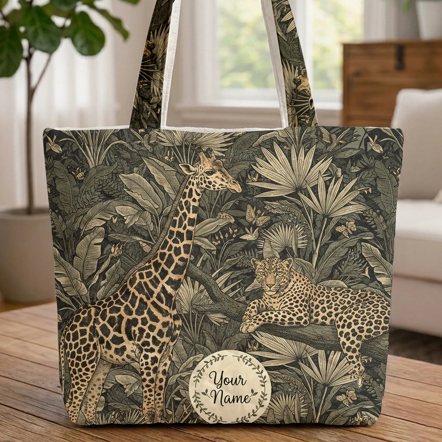 Giraffe Leopard Jungle Birds Butterflies Wildlife Lover Gift Quilted Tote Bag - 1