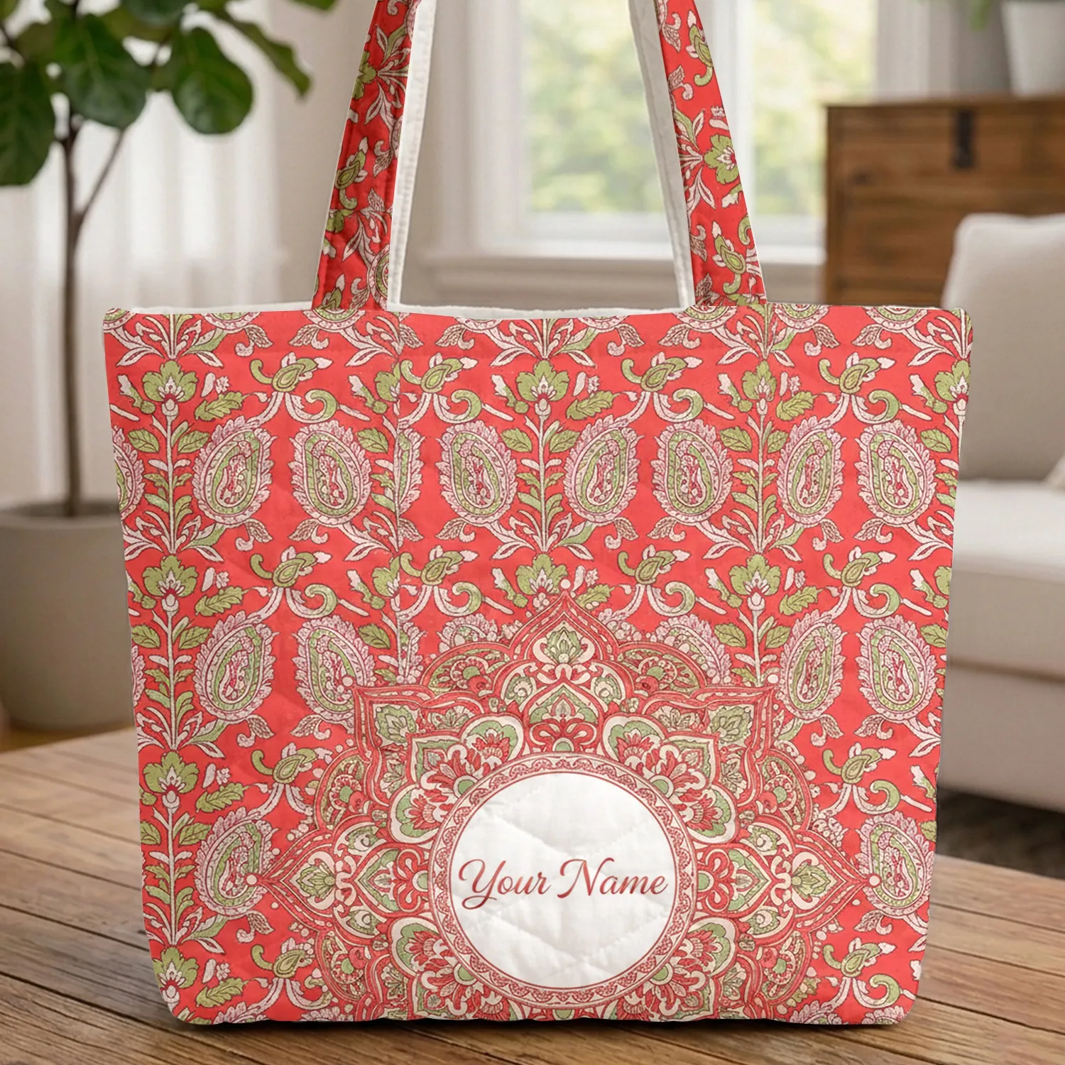Your Name Floral Medallion Paisley Botanical - Lifestyle Accessory Present Quilted Tote Bag - 1