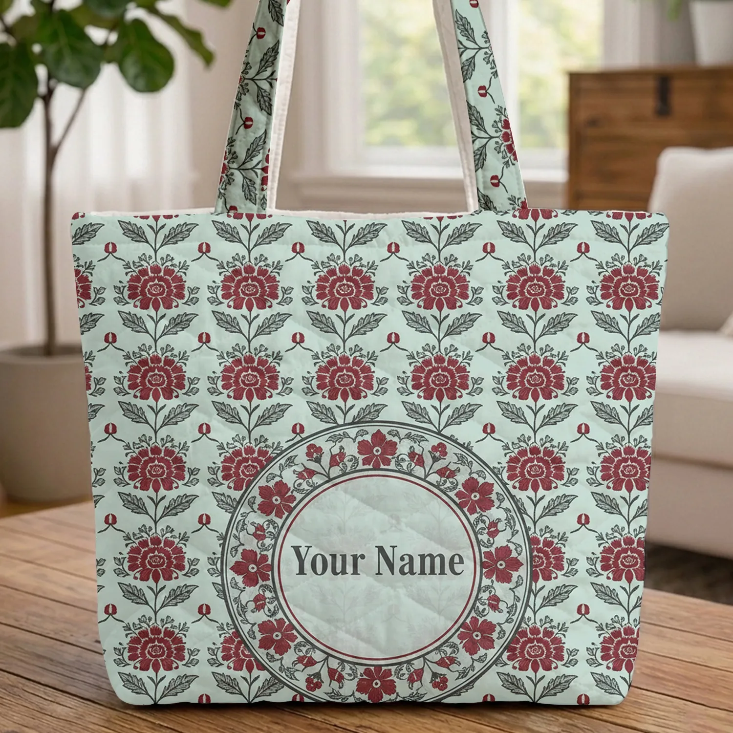 Circular Floral Emblem Maroon Flower Leaf Botanical - Boho Lifestyle Home Decor Gift Quilted Tote Bag - 1