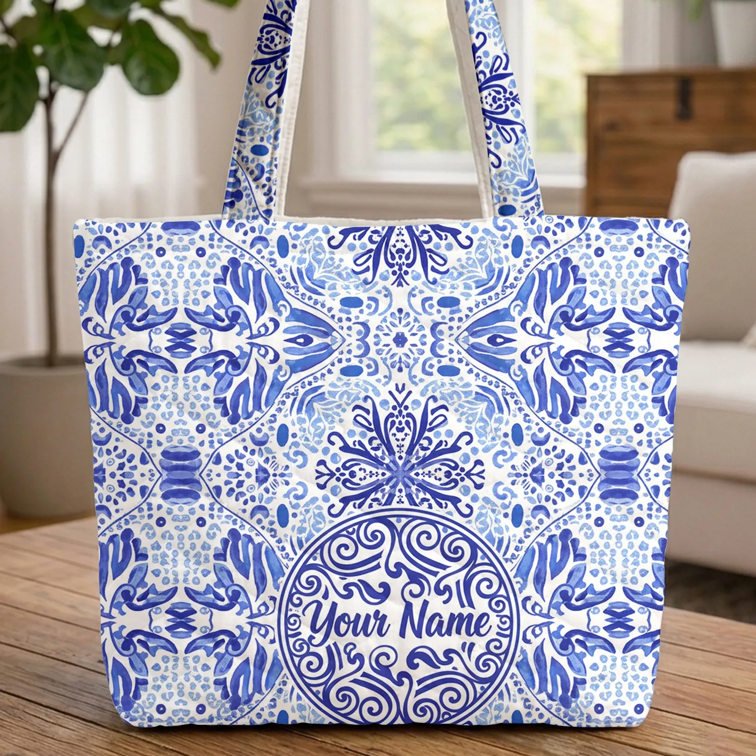 Personalized Name Organic Swirls Polka Dots Feather Shapes - Everyday Tote Vacation Gift Quilted Tote Bag - 1
