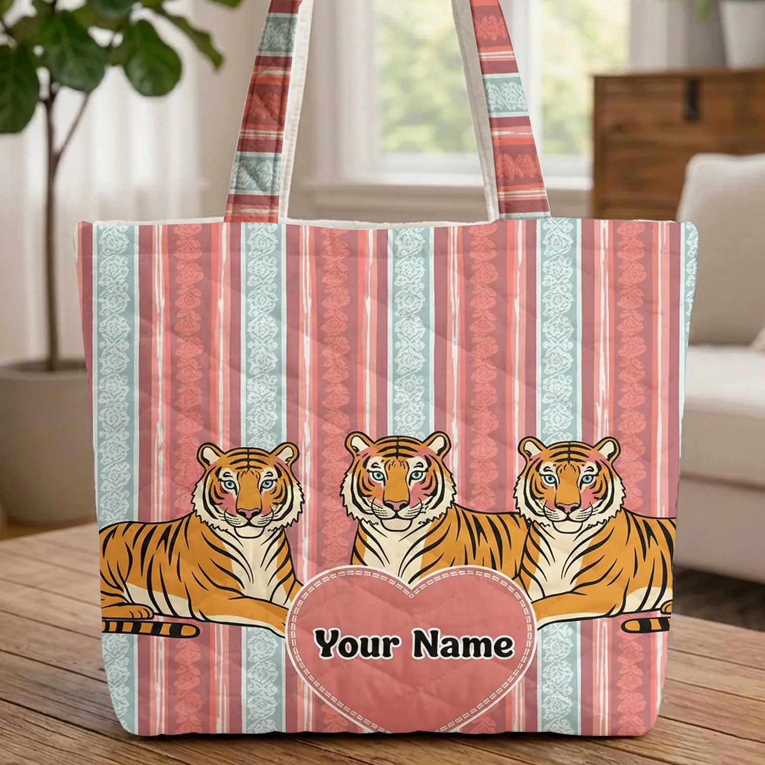 Three Tigers Name Heart - Wildlife Lover Gift Quilted Tote Bag - 1