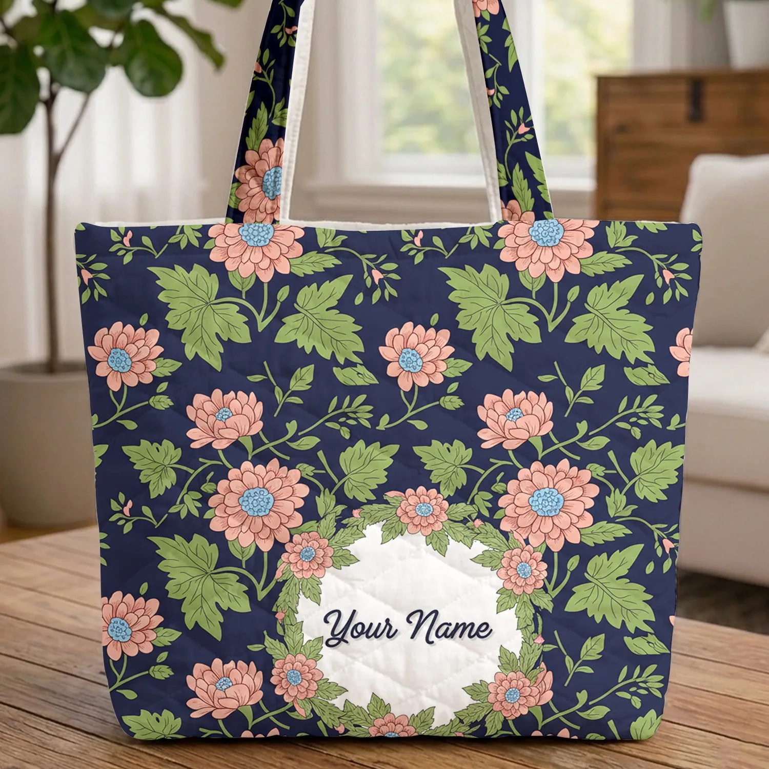 Navy Botanical Flowers Chrysanthemum Wreath - Floral Lifestyle Gift Quilted Tote Bag - 1