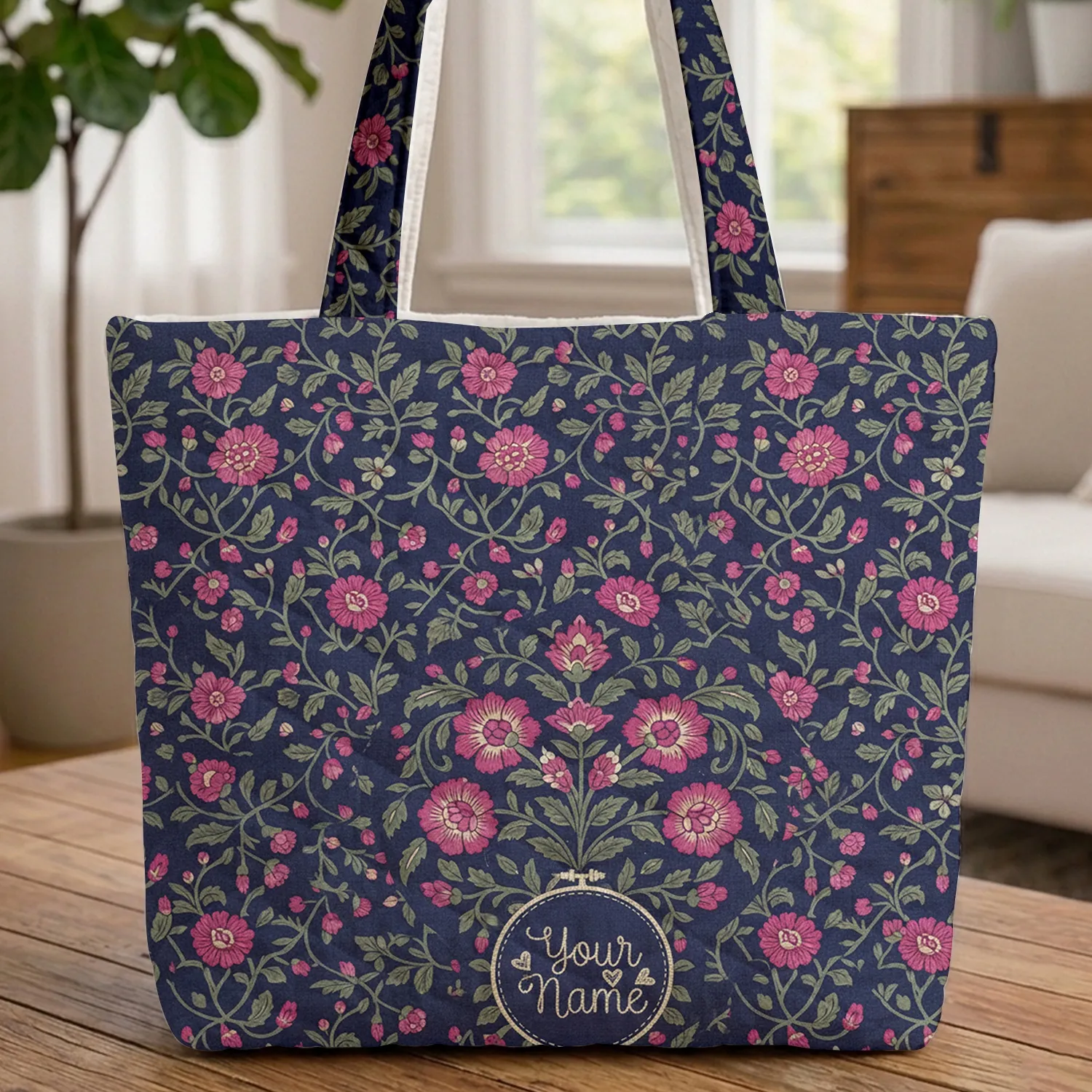 Fuchsia Floral Indian Bouquet Personalized Name Hoop Frame - Everyday Carry Gift Quilted Tote Bag - 1