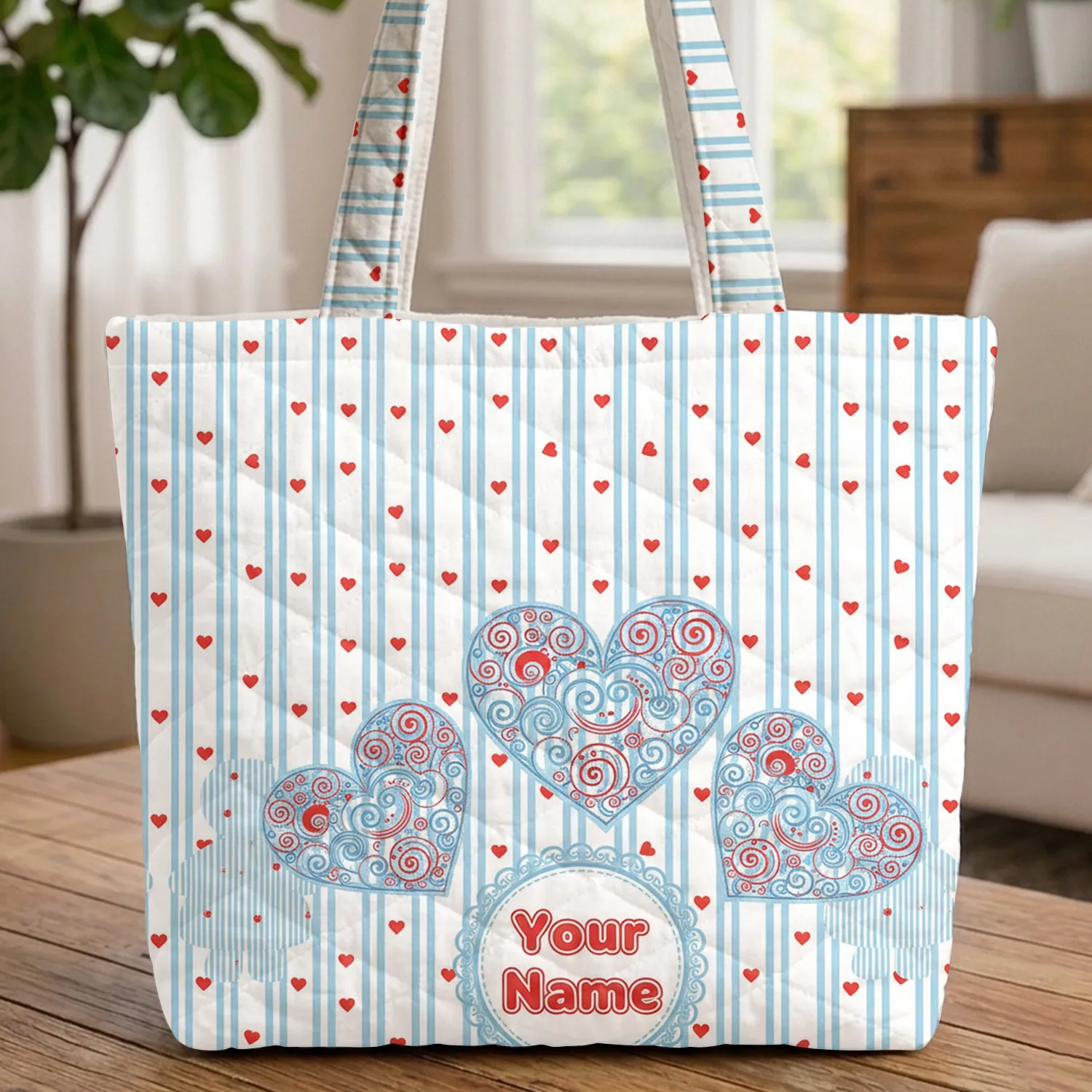 Scattered Red Hearts Ornate Group Blue Vertical Stripes Name Medallion Everyday Tote Quilted Tote Bag - 1