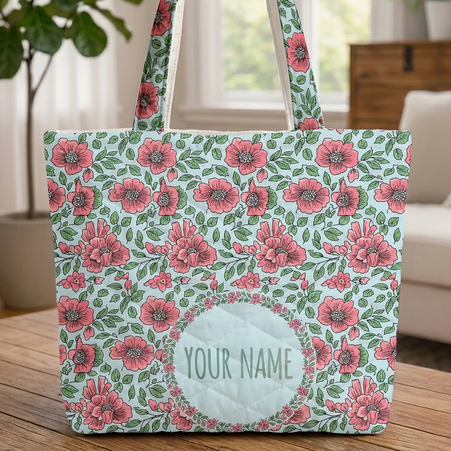 Personalized Floral Wreath Green Leaves - Daily Use Name Gift for Her Quilted Tote Bag - 1