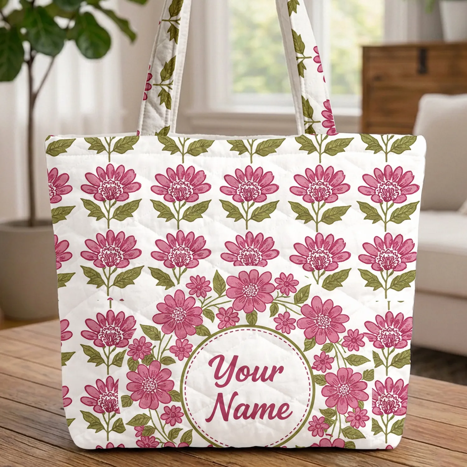 Pink Flower Olive Green Wreath Personalized Name Continuous Floral - Everyday Style Quilted Tote Bag - 1