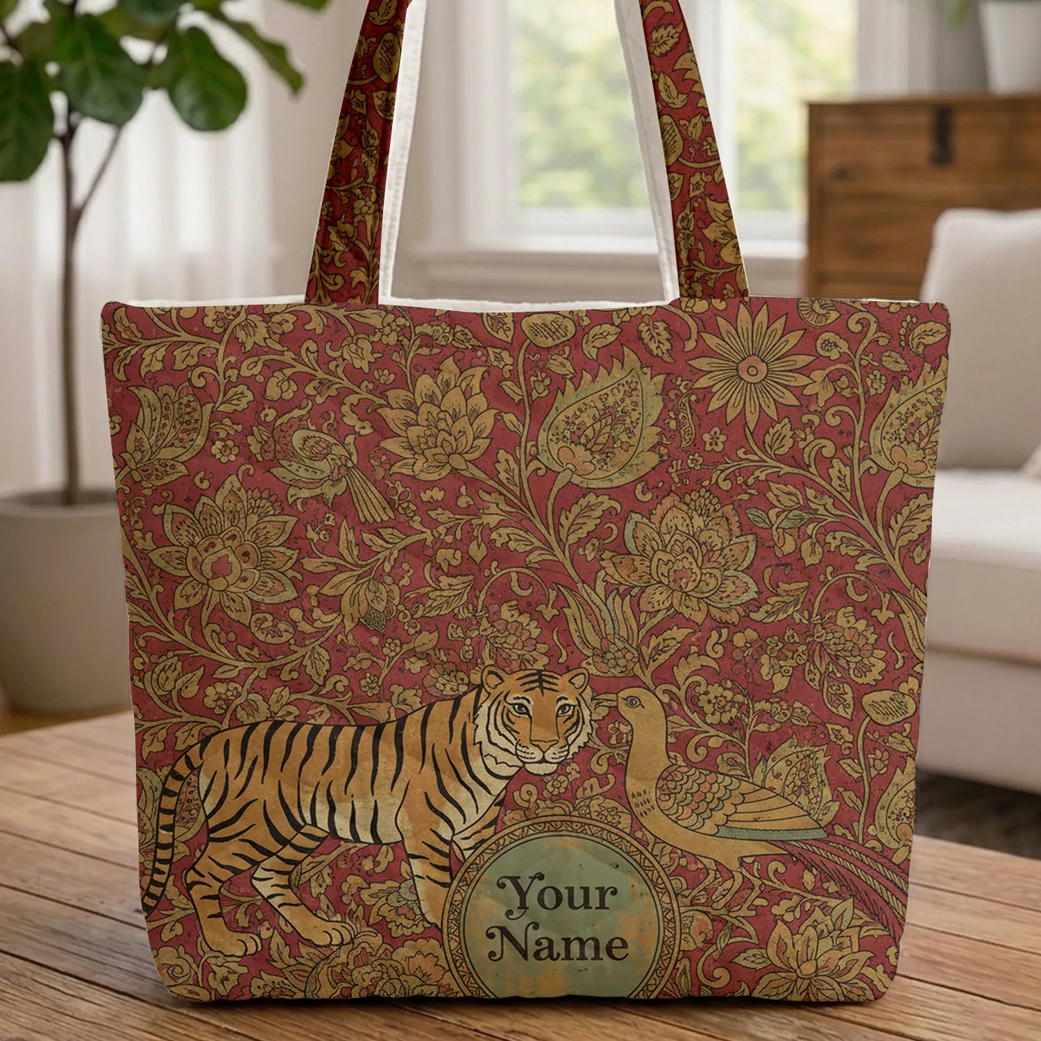Tiger Bird Blooming Flowers Swirling Vines - Boho Lifestyle Wildlife Lover Gift Quilted Tote Bag - 1