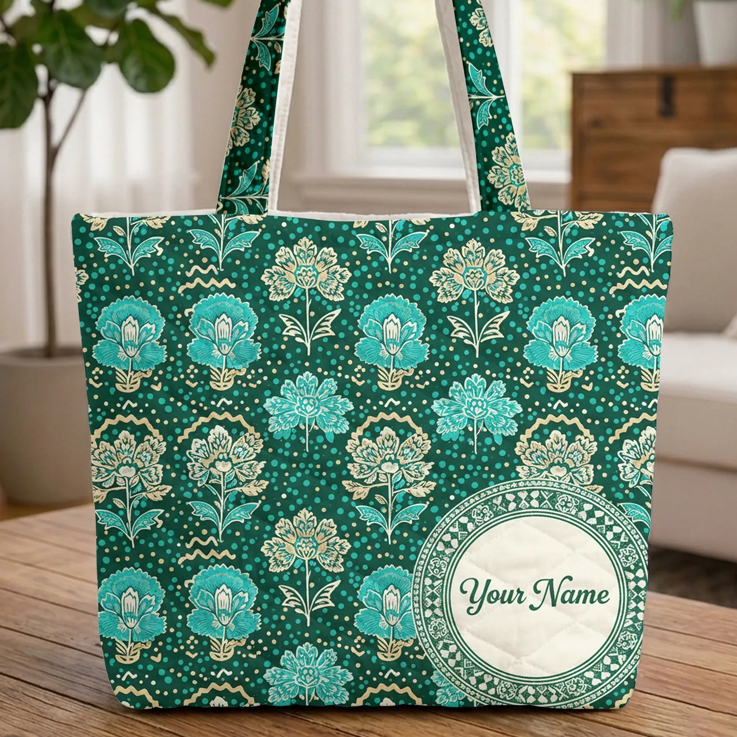 Floral Clusters Zig Zag Polka Dots Wavy Stripes Distressed Text Circle - Everyday Tote Quilted Tote Bag - 1