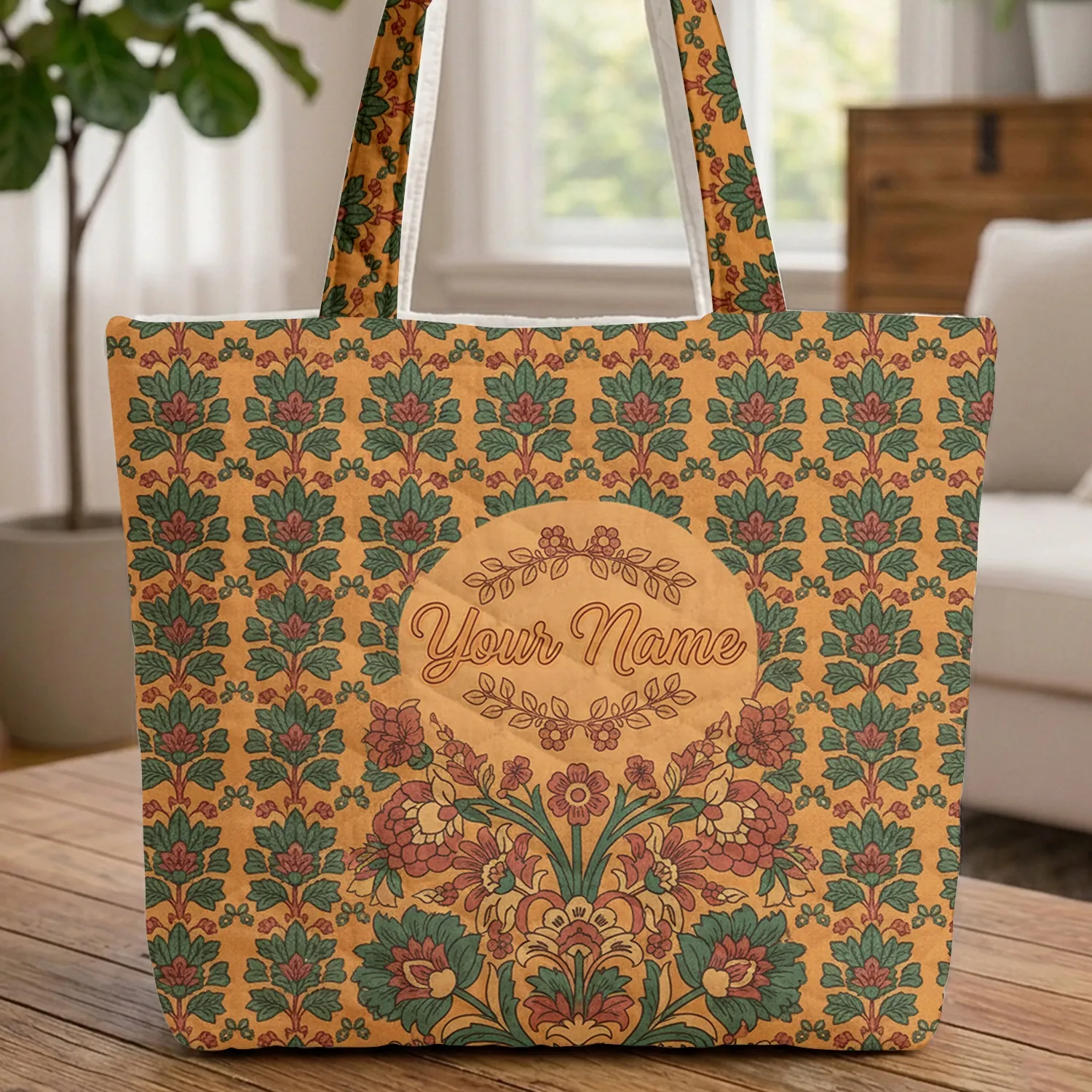 Ochre Orange Teal Indian Floral Bouquet Custom Name - Travel Essentials Quilted Tote Bag - 1