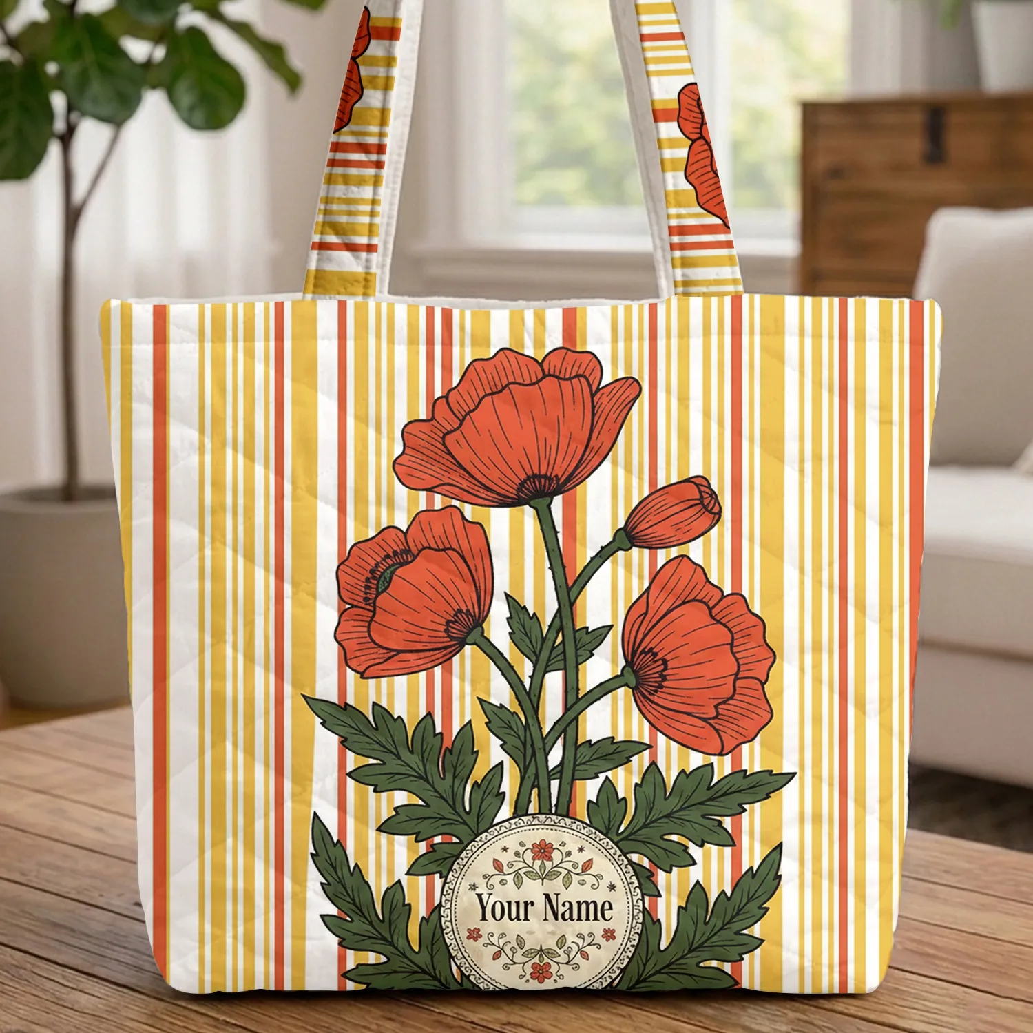 Poppy Flowers Medallion Vertical Stripes - Botanical Lover Everyday Use Gift Quilted Tote Bag - 1