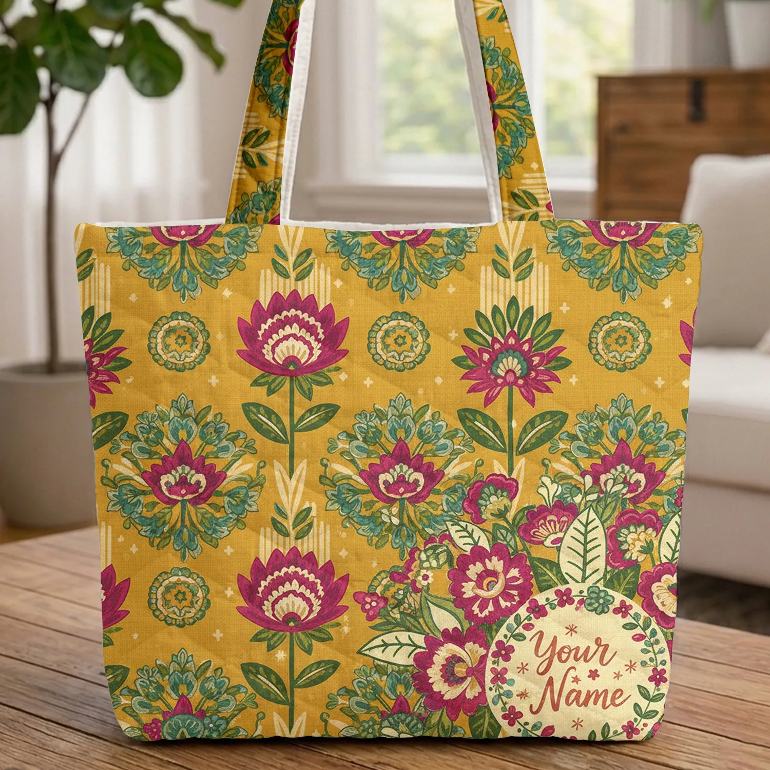 Personalized Name Floral Wreath Botanical Mandala Bouquet - Boho Lifestyle Gift Quilted Tote Bag - 1