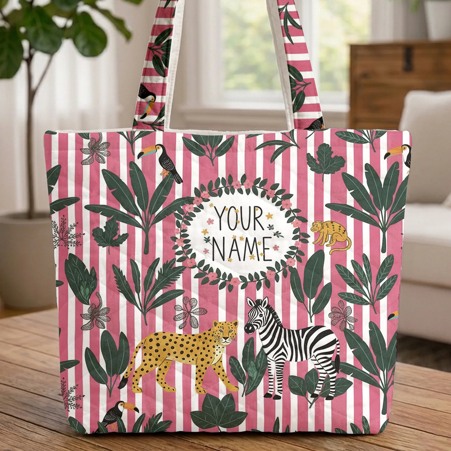 Pink Stripe Leopard Zebra Tropical Jungle Animals - Everyday Wildlife Lover Gift Quilted Tote Bag - 1