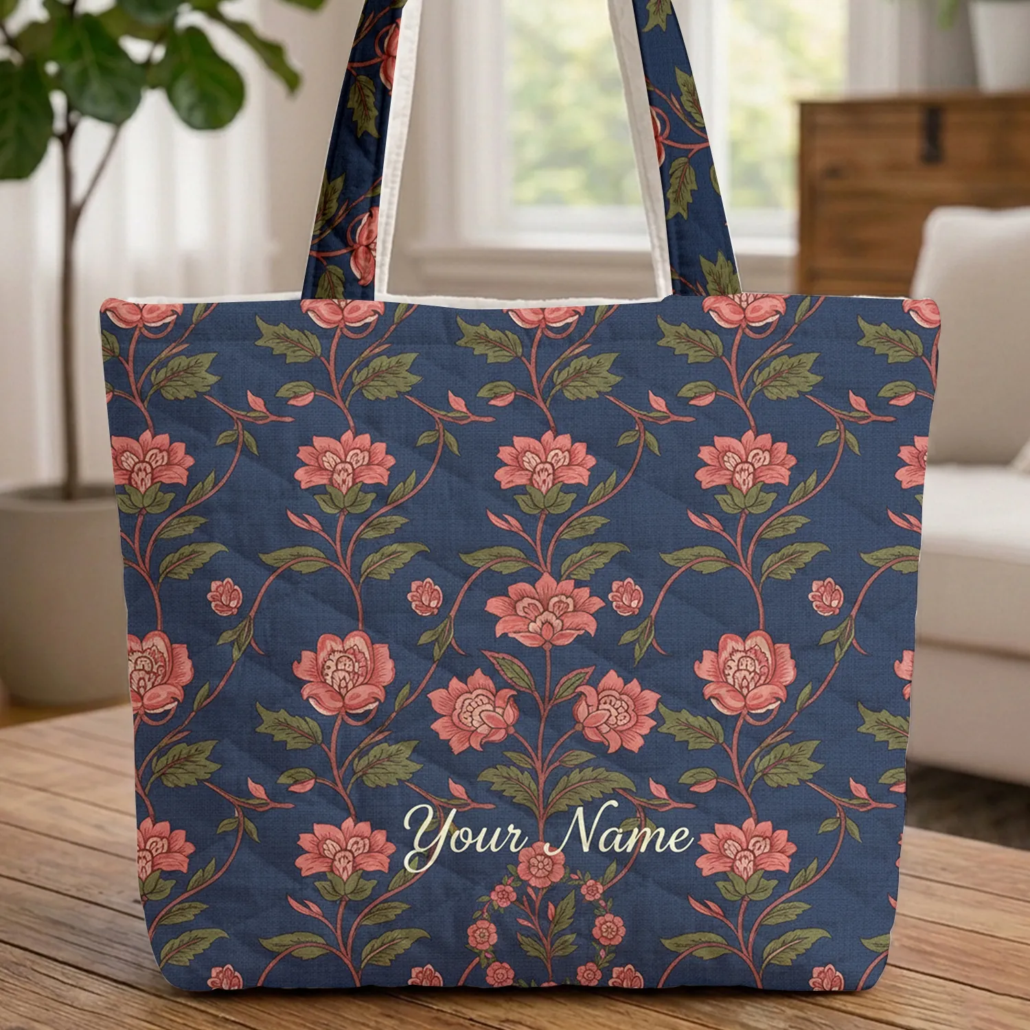 Pink Floral Vines Botanical Bouquet Custom Name Floral Wreath Everyday Tote for Her Quilted Tote Bag - 1