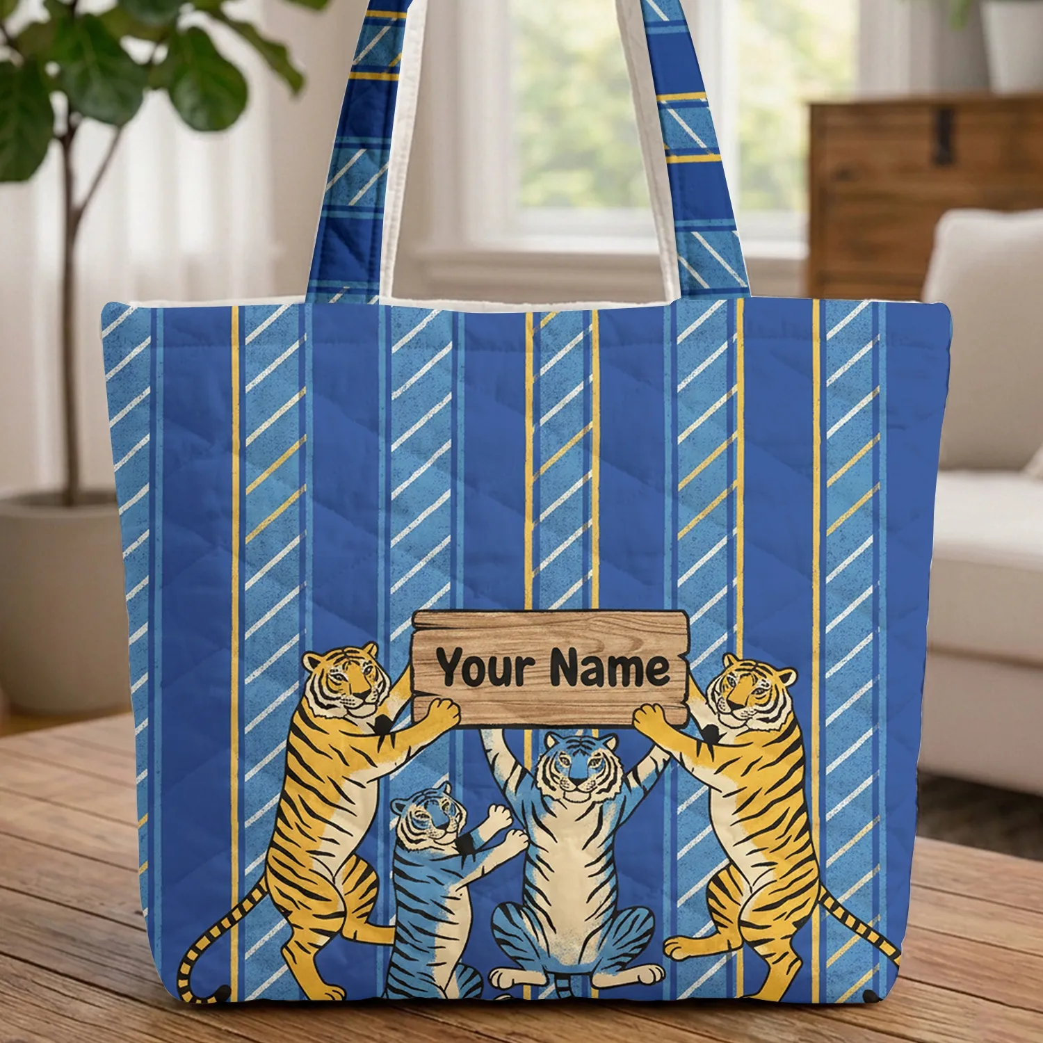 Climbing Tigers Personalized Natural Grain Sign - Wildlife Lover Gift Quilted Tote Bag - 1