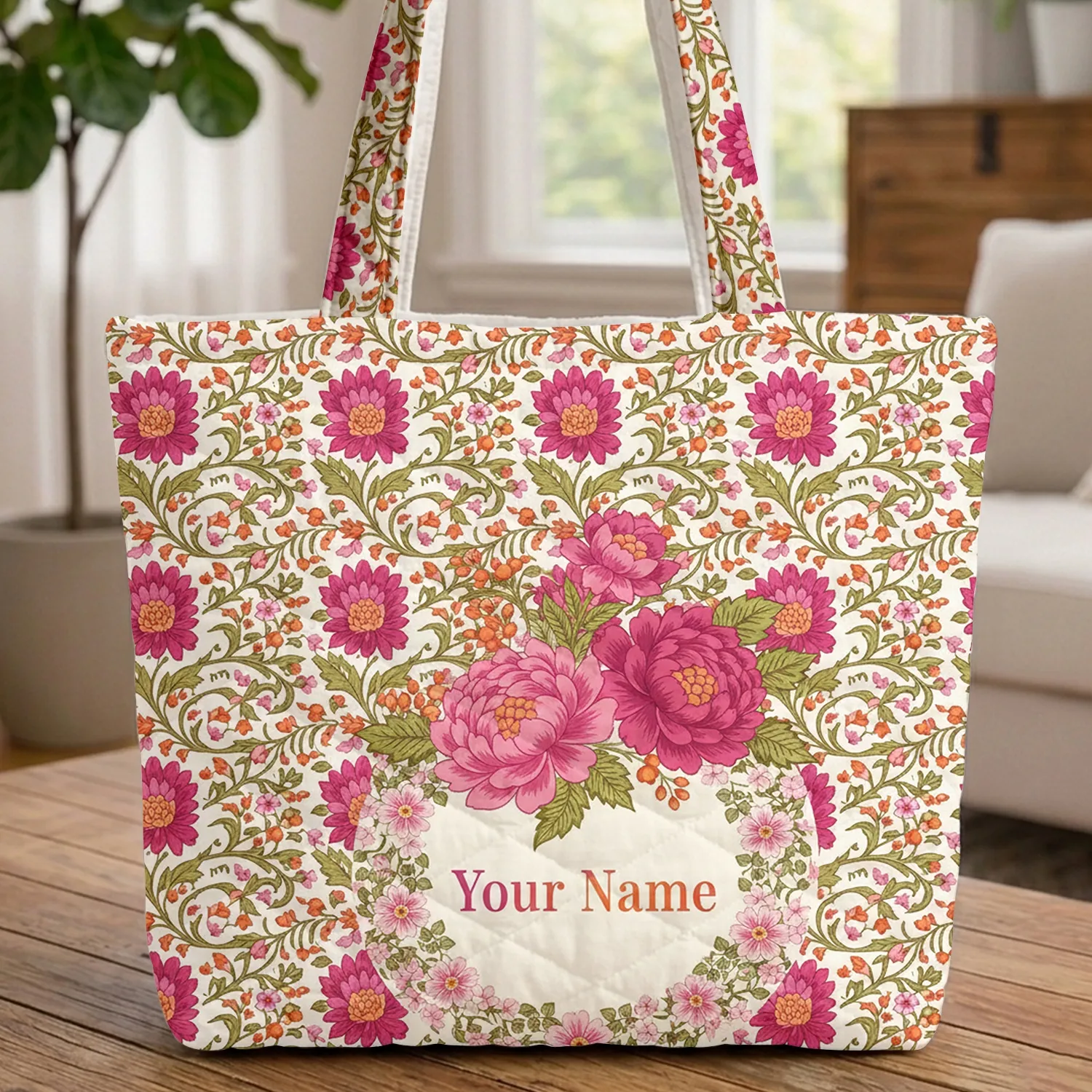 Ornate Floral Bouquet Wreath Chrysanthemum Berry - Boho Lifestyle Gift Quilted Tote Bag - 1