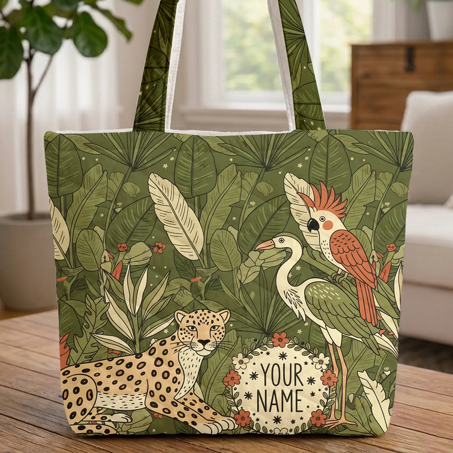 Leopard Heron Cockatoo Jungle Animals Personalized - Wildlife Lover Gift Quilted Tote Bag - 1