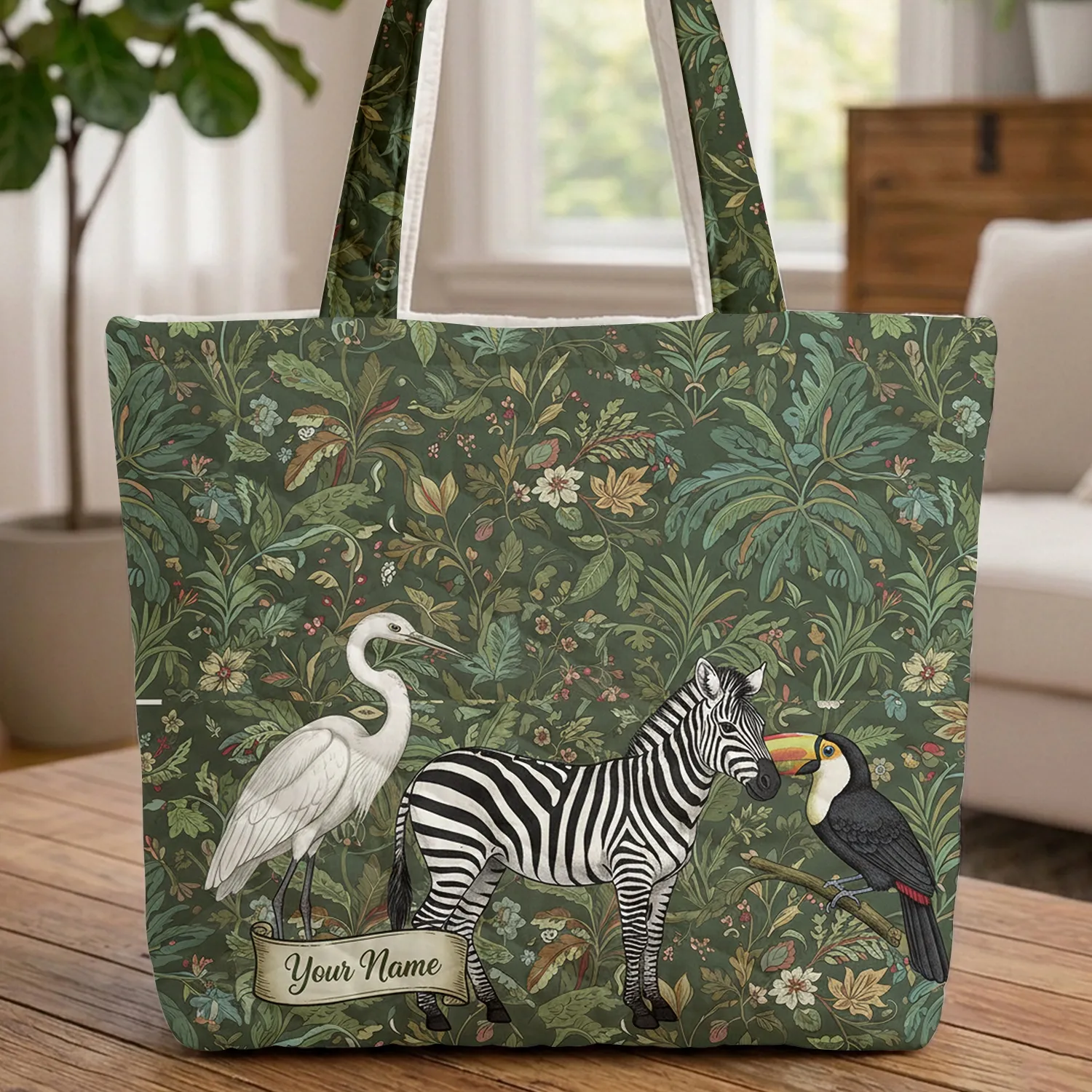 Heron Zebra Toucan Tropical Chinoiserie - Wildlife Lover Gift Quilted Tote Bag - 1