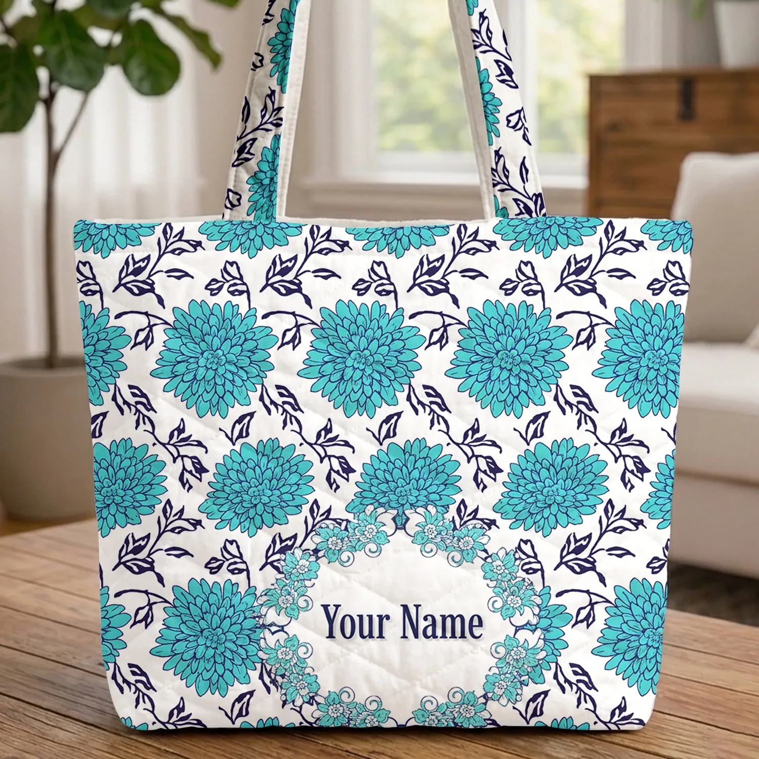 Aqua Blue Navy Chrysanthemum Flower Wreath - Daily Carryall Gift for Women Quilted Tote Bag - 1