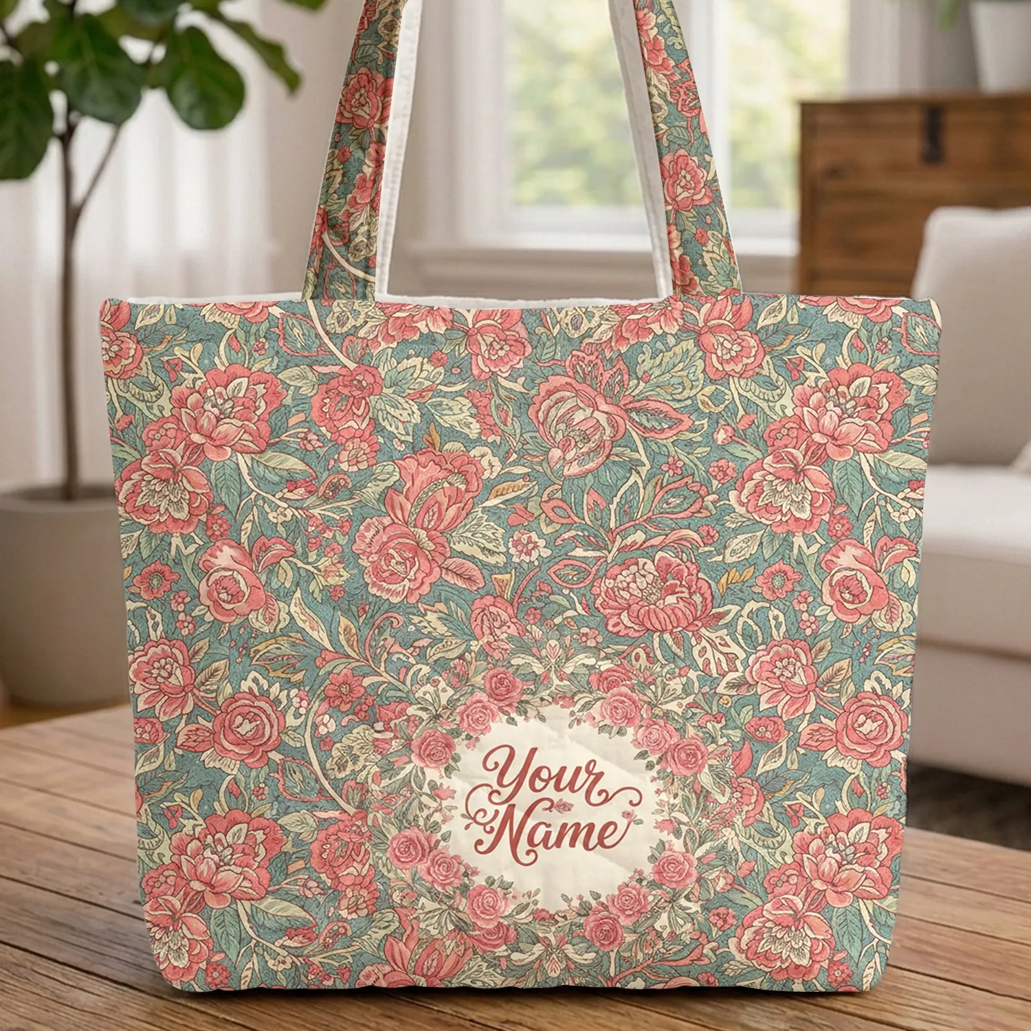 Indian Botanical Roses Peonies Lush Floral Wreath - Everyday Personalized Gift Quilted Tote Bag - 1