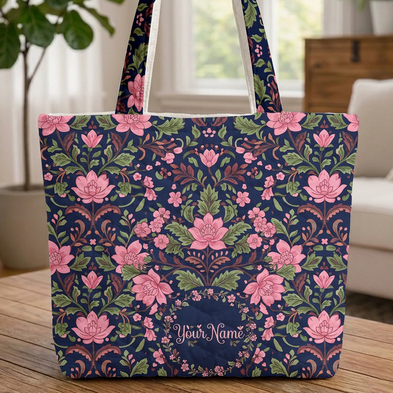 Ornate Botanical Bouquet Floral Wreath Pink Flowers Dark Blue - Everyday Use Gift Quilted Tote Bag - 1