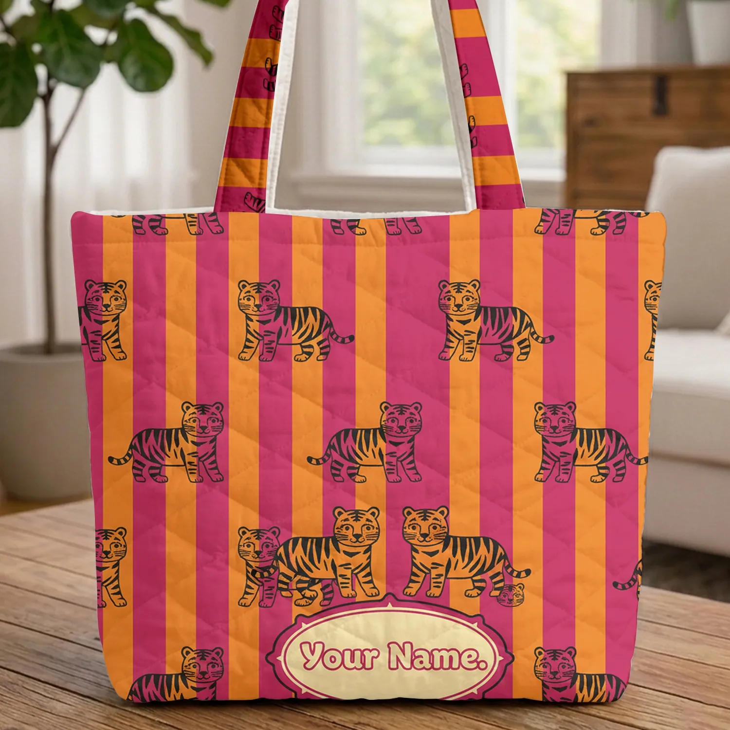 Tigers Vertical Stripe Vintage Plaque Personalized - Wildlife Lover Everyday Tote Gift Quilted Tote Bag - 1