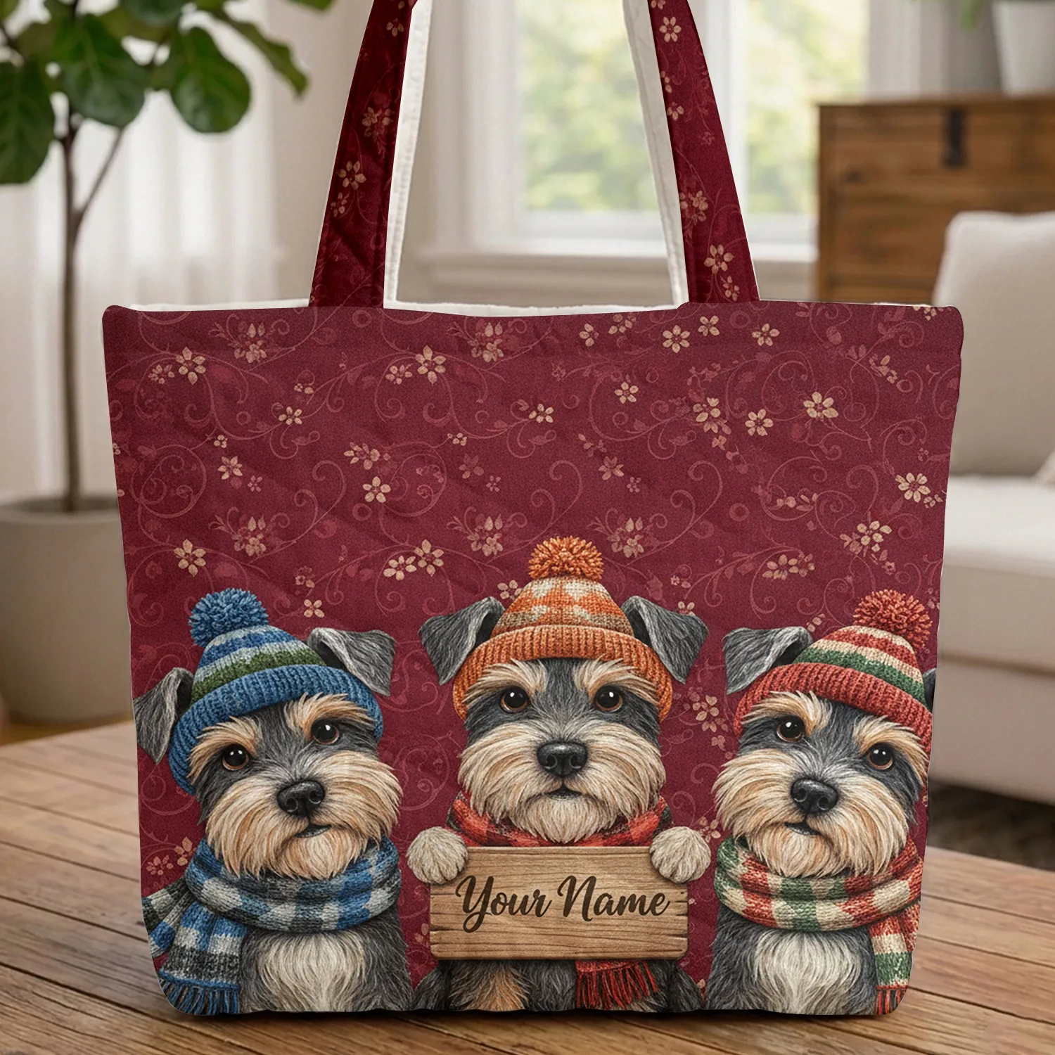 Three Terrier Dogs Beanies Scarves Wooden Sign - Everyday Dog Lover Gift Quilted Tote Bag - 1