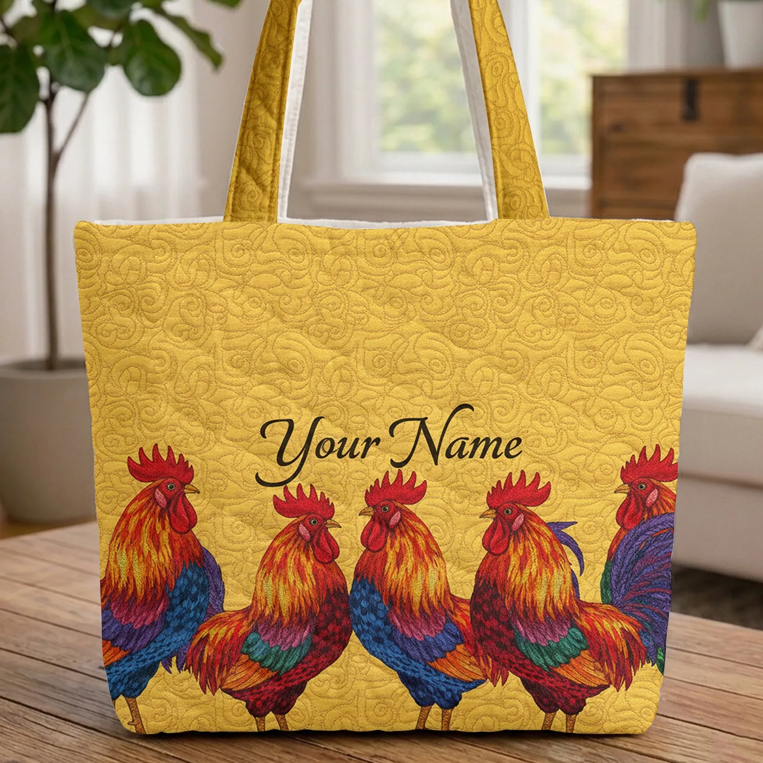 Vibrant Multi-colored Roosters Golden Yellow Quilted Farmhouse Home Decor Gift Quilted Tote Bag - 1