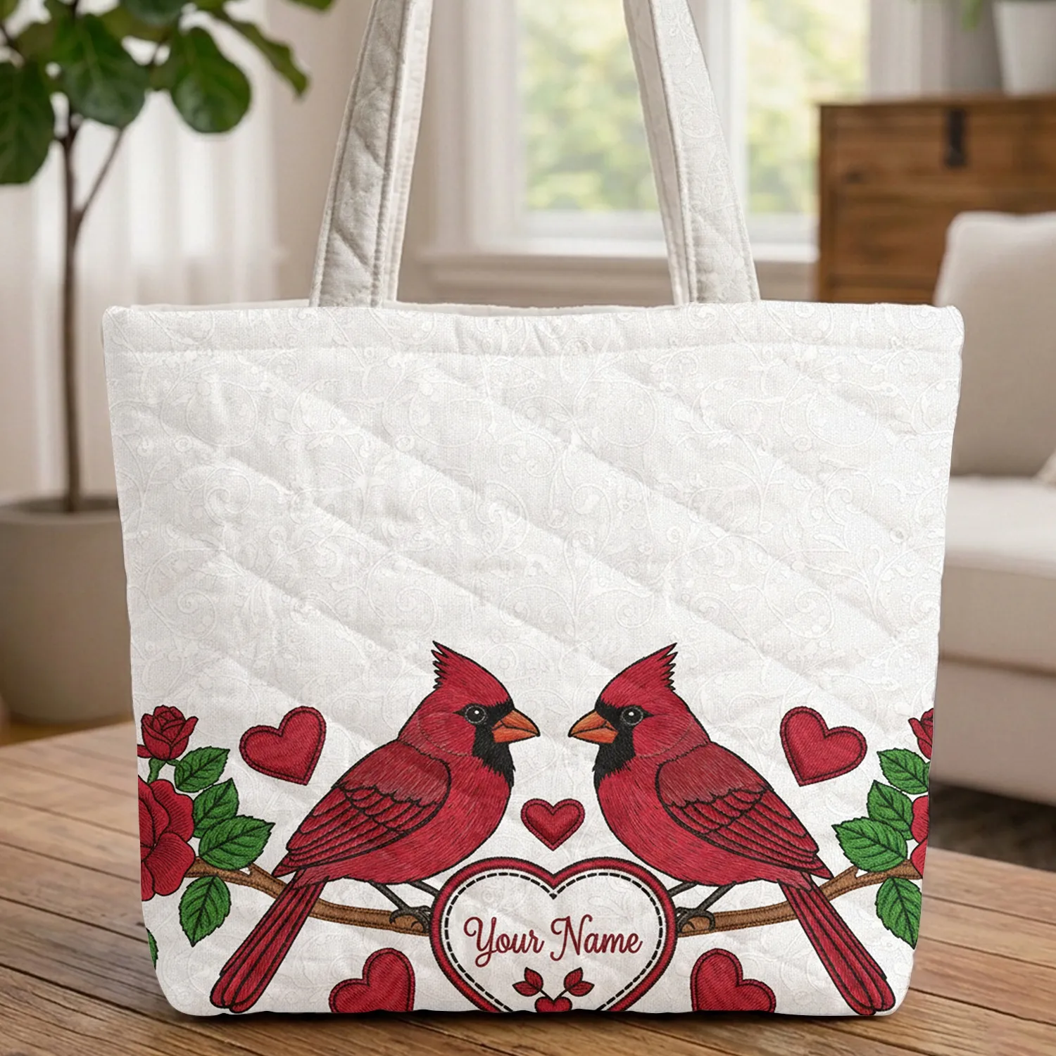 Cardinal Birds Name Heart Cartouche Roses - Wildlife Lover Gift for Her Quilted Tote Bag - 1