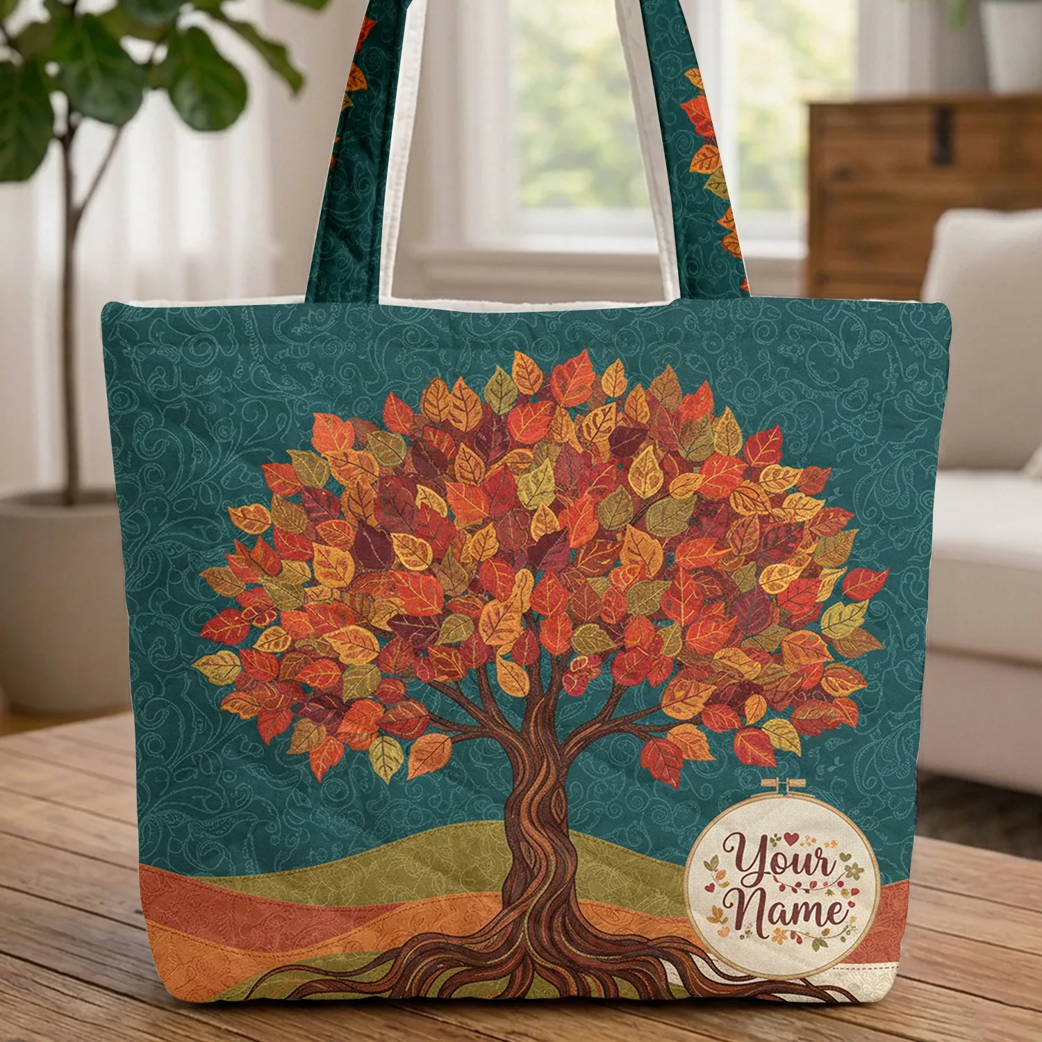 Name Hoop Gnarled Root Tree - Organic Swirls Nature Lover Gift Quilted Tote Bag - 1