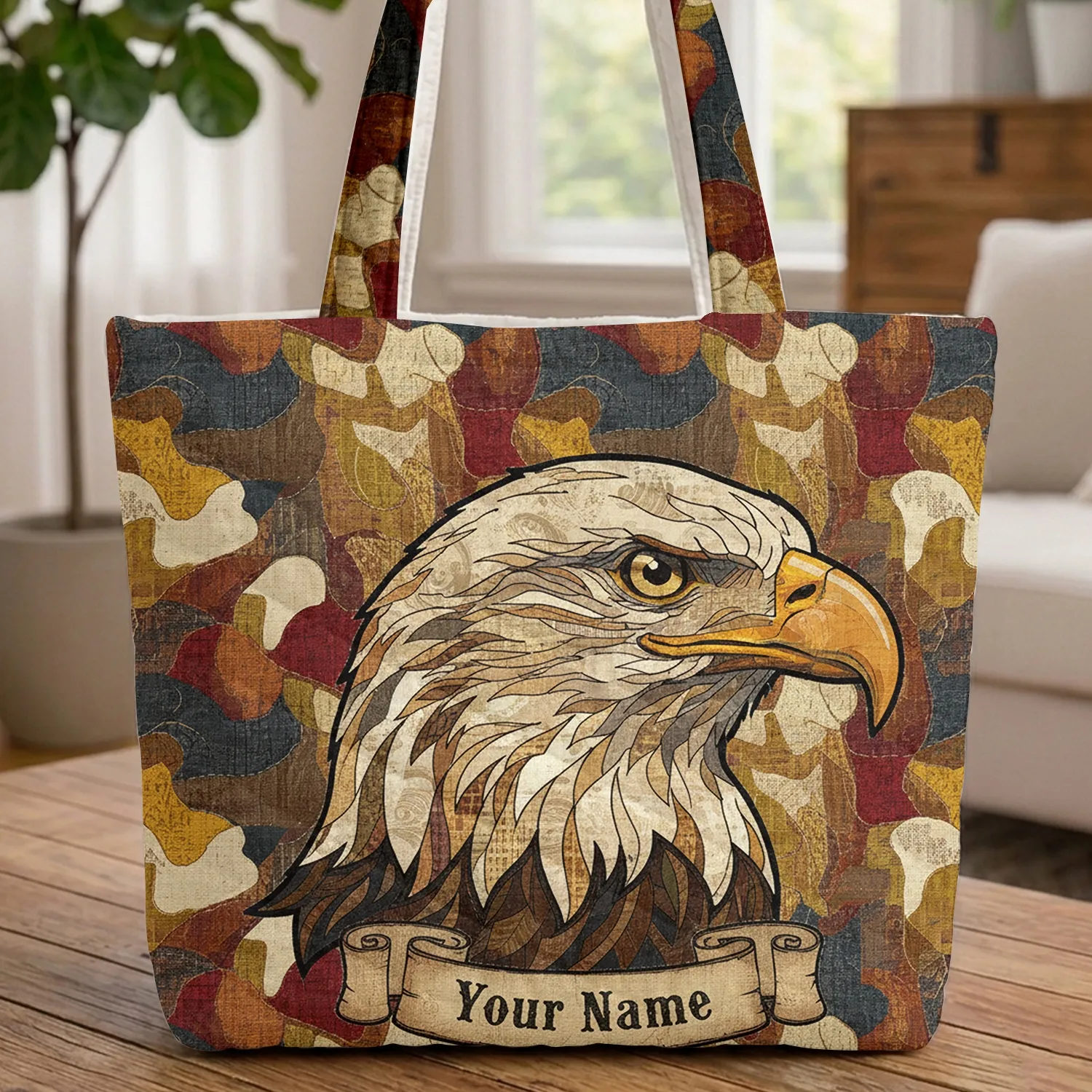 Bald Eagle Head Patchwork Organic Shapes Western Font - Wildlife Lover Gift Quilted Tote Bag - 1