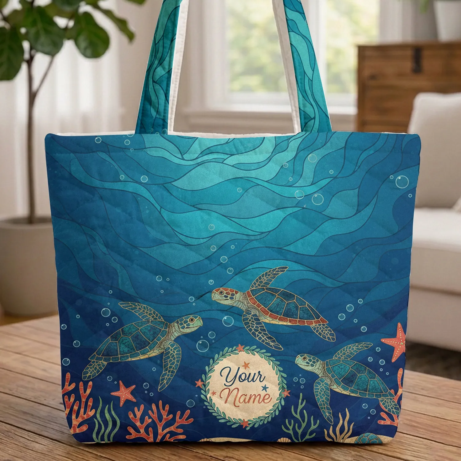 Deep Ocean Blue Sea Turtles Starfish Coral - Marine Life Lover Gift Quilted Tote Bag - 1