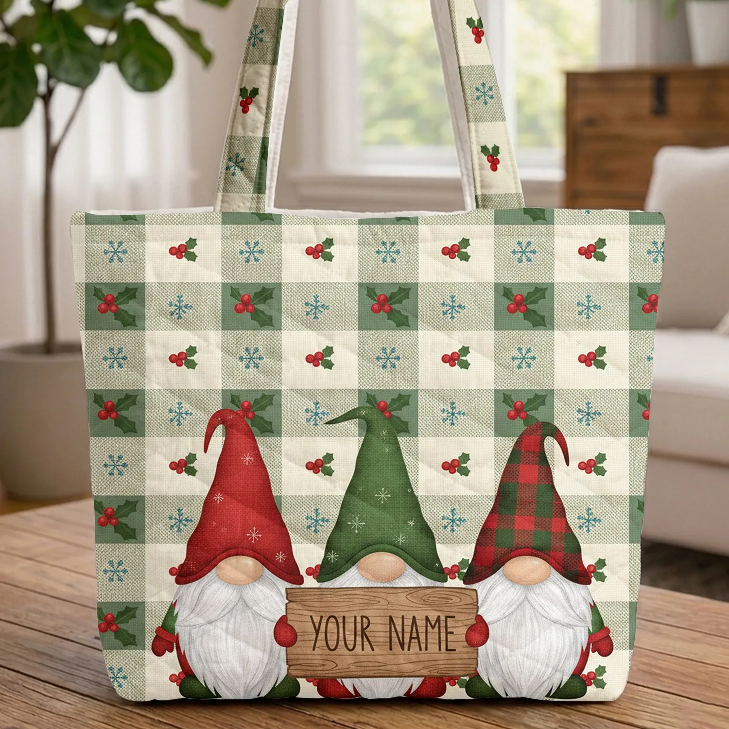 Christmas Gnomes Holly Berries Snowflakes Name Sign - Christmas Gift for Gnome Lover Quilted Tote Bag - 1