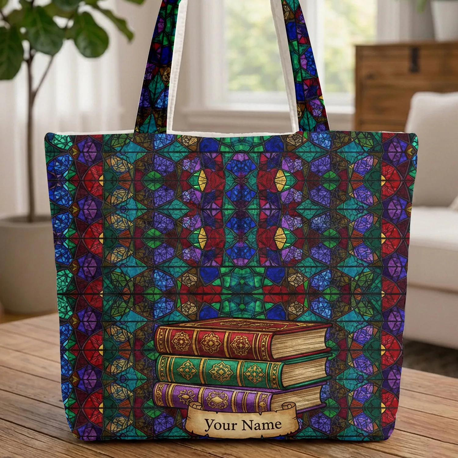 Ornate Antique Books Stained Glass Mosaic - Book Lover Library Home Decor Gift Quilted Tote Bag - 1