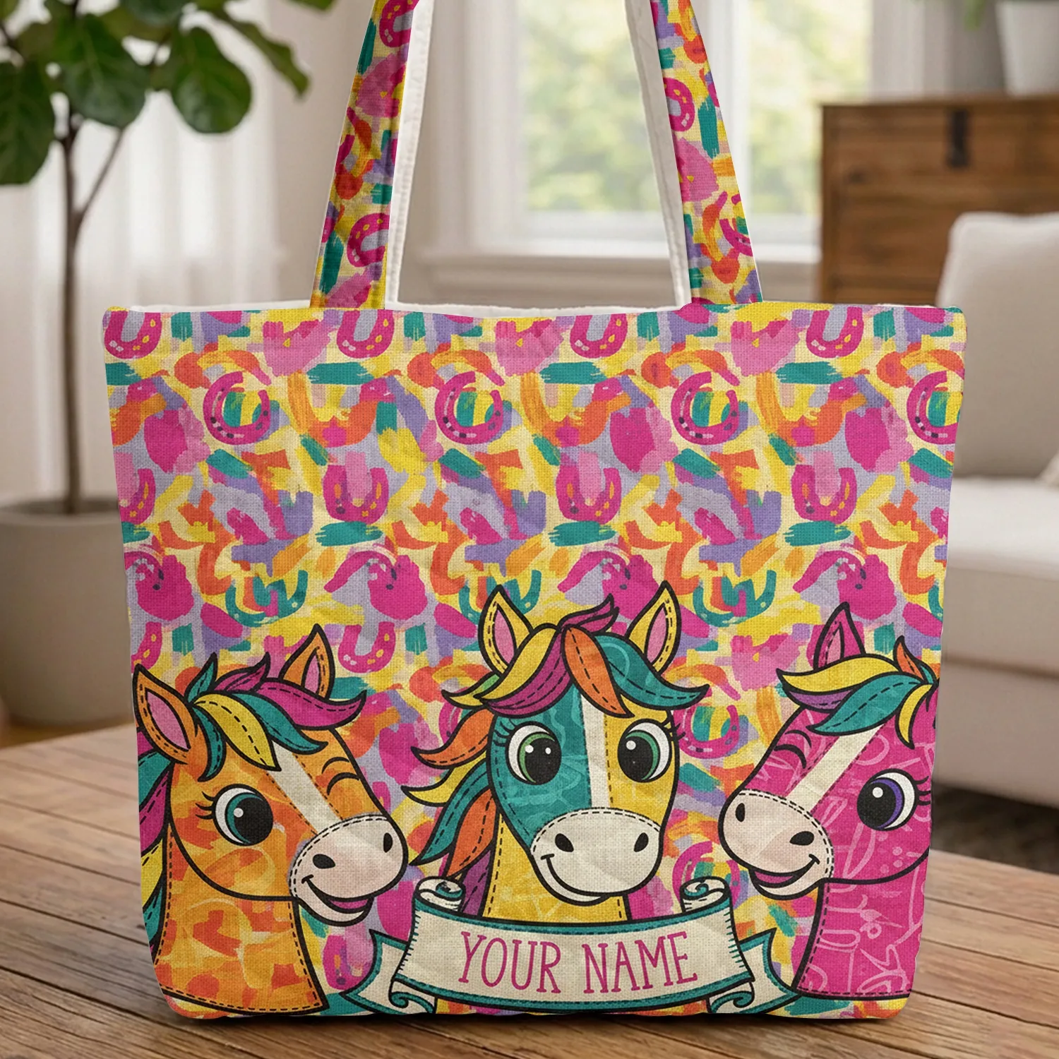 Patchwork Horse Heads Horseshoe Motifs Personalized Scroll Name - Equestrian Gift Quilted Tote Bag - 1