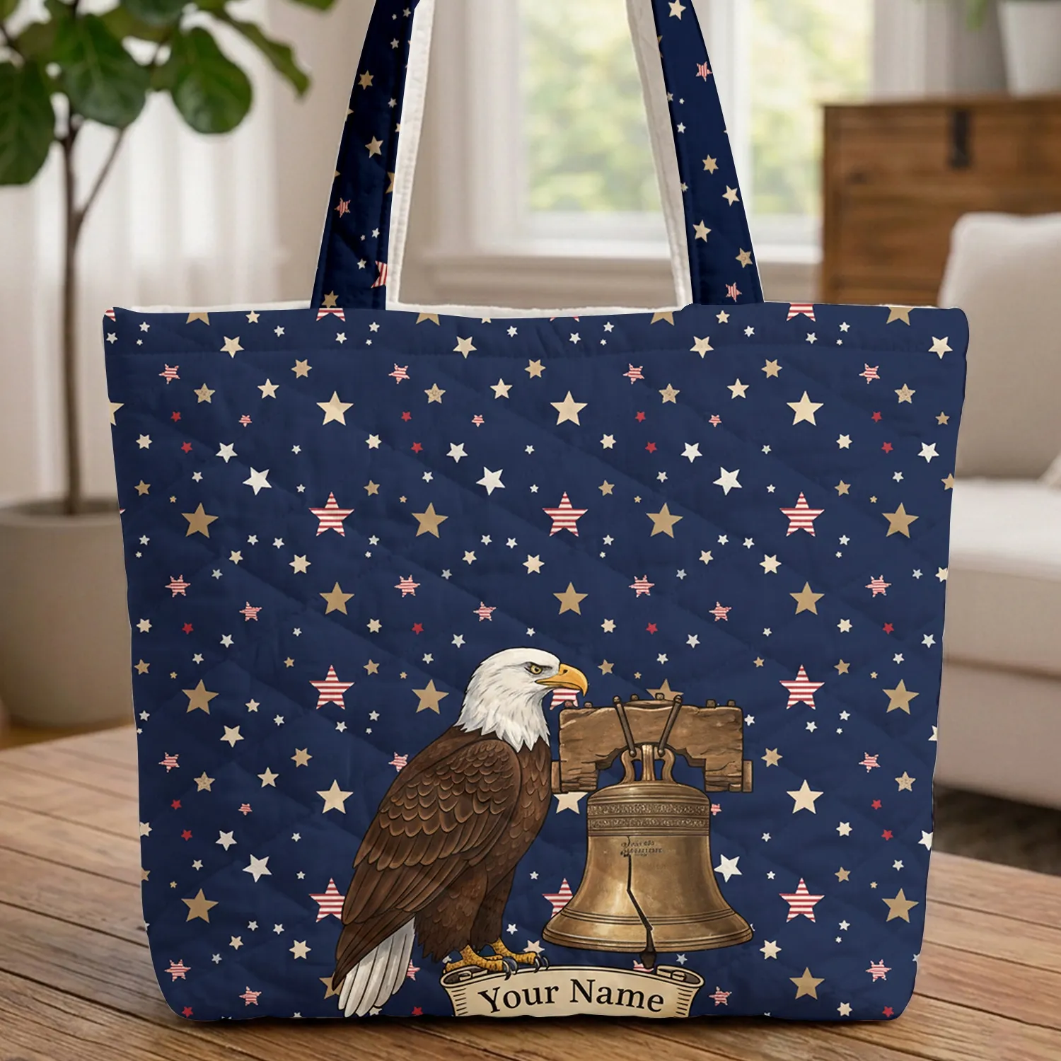 Patriotic Bald Eagle Liberty Bell Personalized Scroll - Home Decor Gift Quilted Tote Bag - 1
